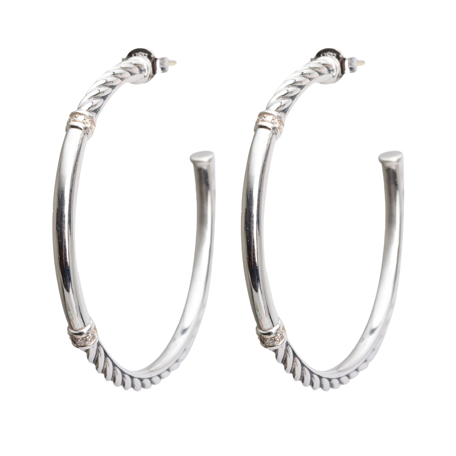 David Yurman Sterling Silver Diamond Cable Hoop Earrings w/ Box