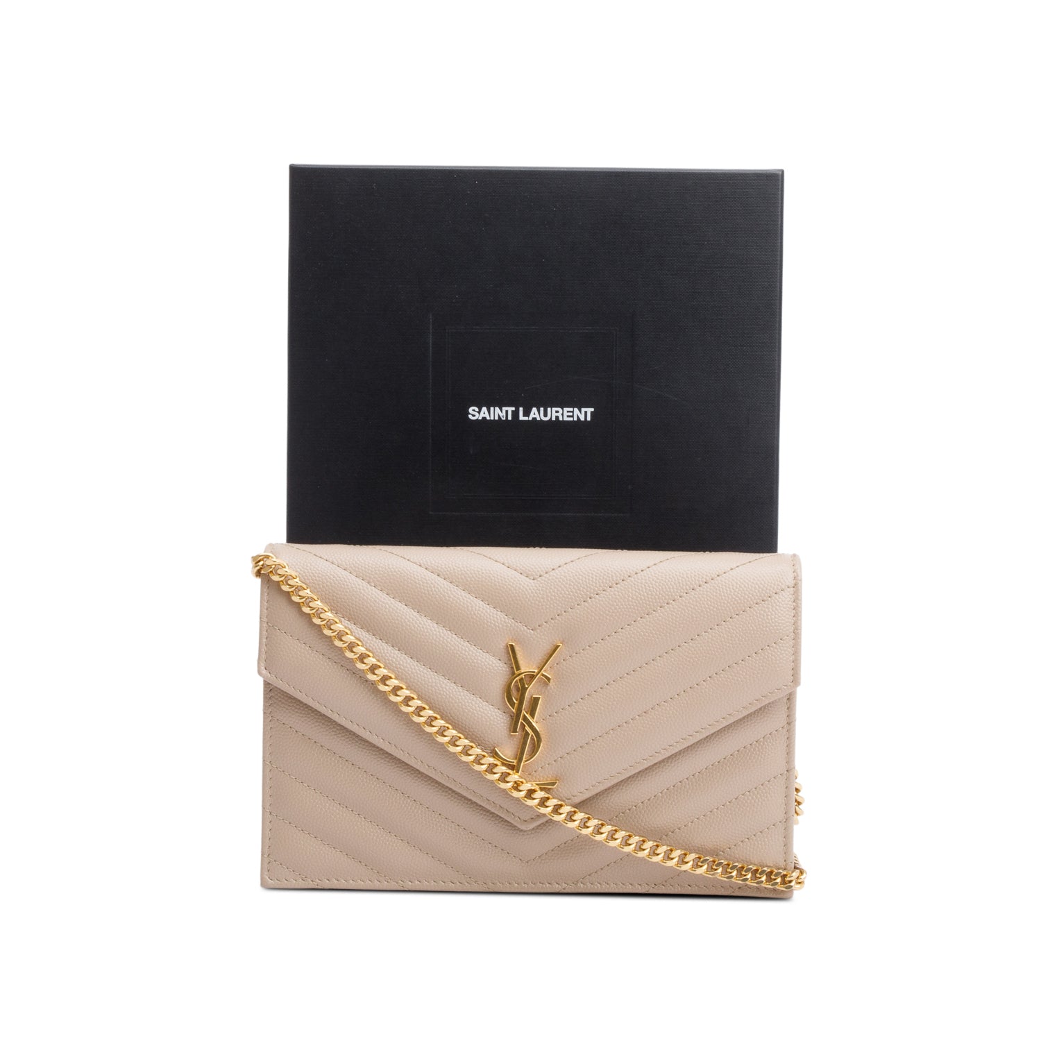 Saint Laurent 2022 Beige Cassandre Matelasse Envelope Chain Wallet w/ Box