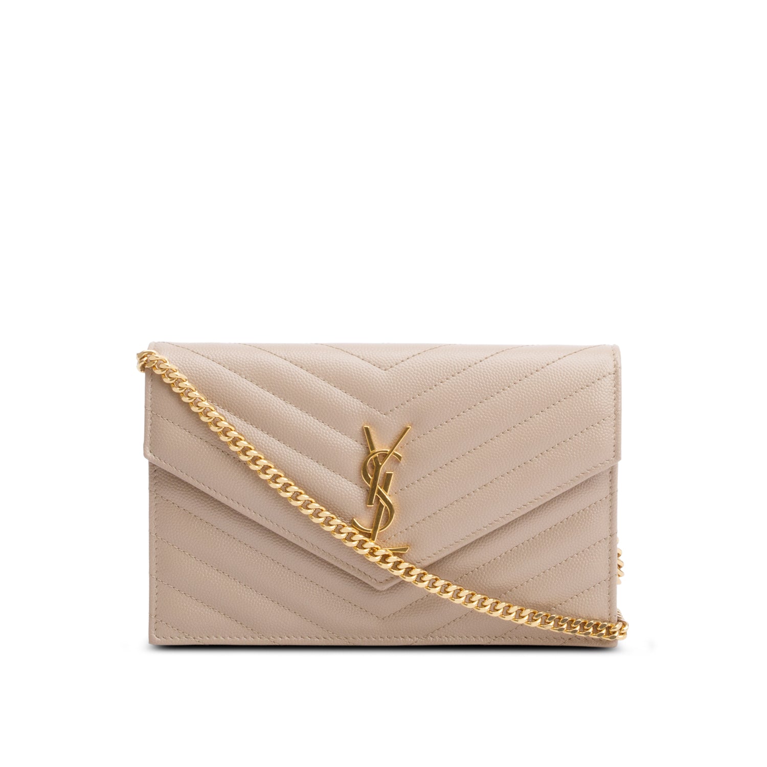Saint Laurent 2022 Beige Cassandre Matelasse Envelope Chain Wallet w/ Box