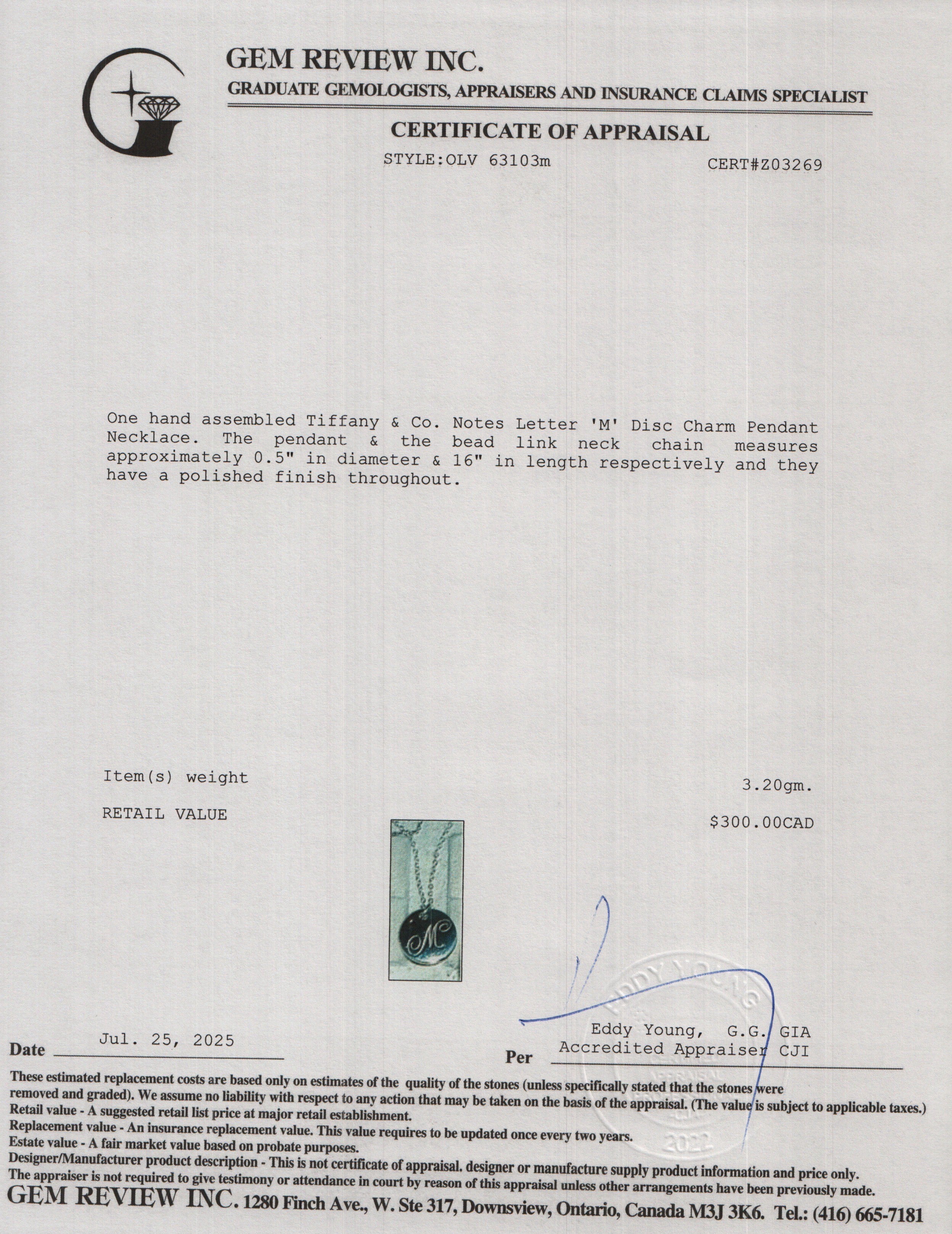 Tiffany & Co. Sterling Silver Notes Letter 'M' Disc Charm Pendant Necklace