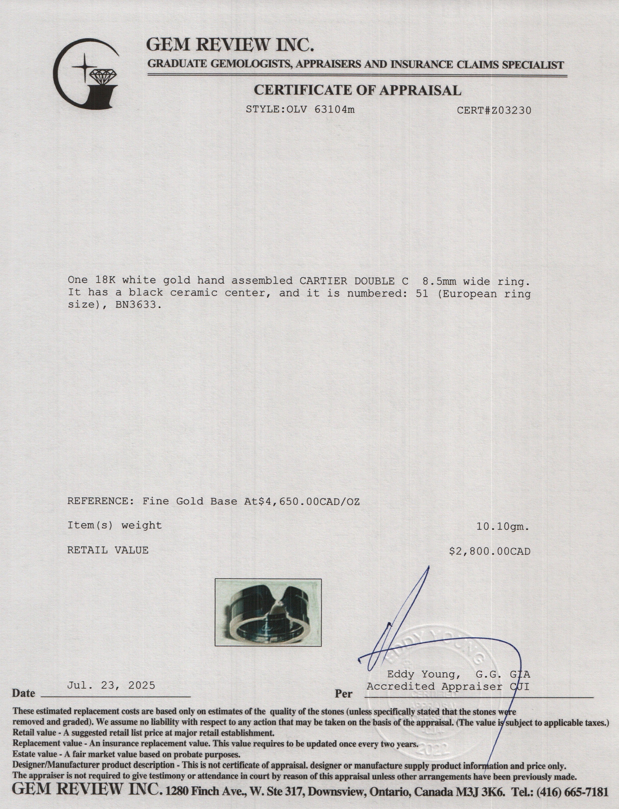 Cartier 18k White Gold & Black Ceramic Double C Ring, Size 51 6.75