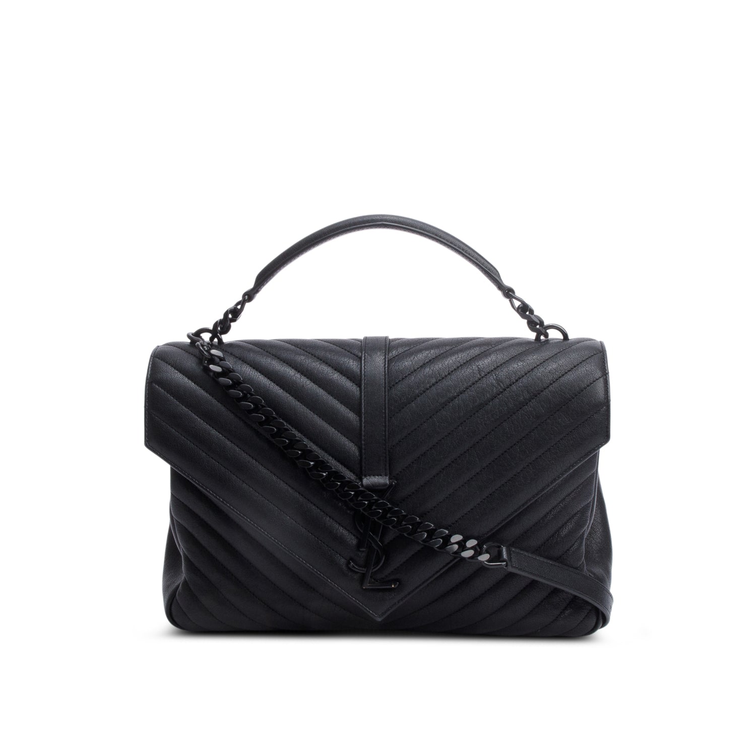 Saint Laurent Black Leather Large Chevron College Bag
