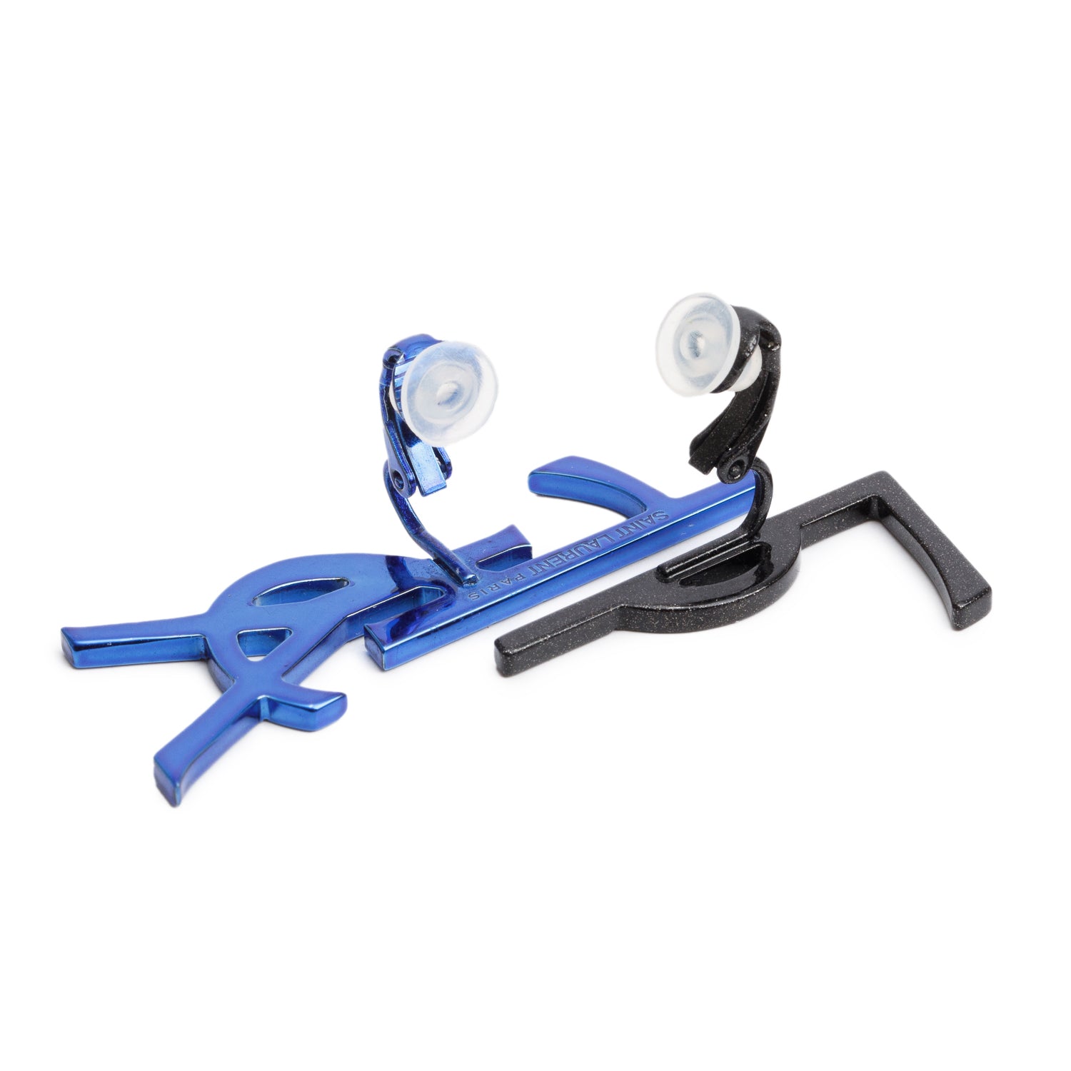 Saint Laurent Blue & Black Coated Metal Opyum Deconstructed Logo Clip On Earrings