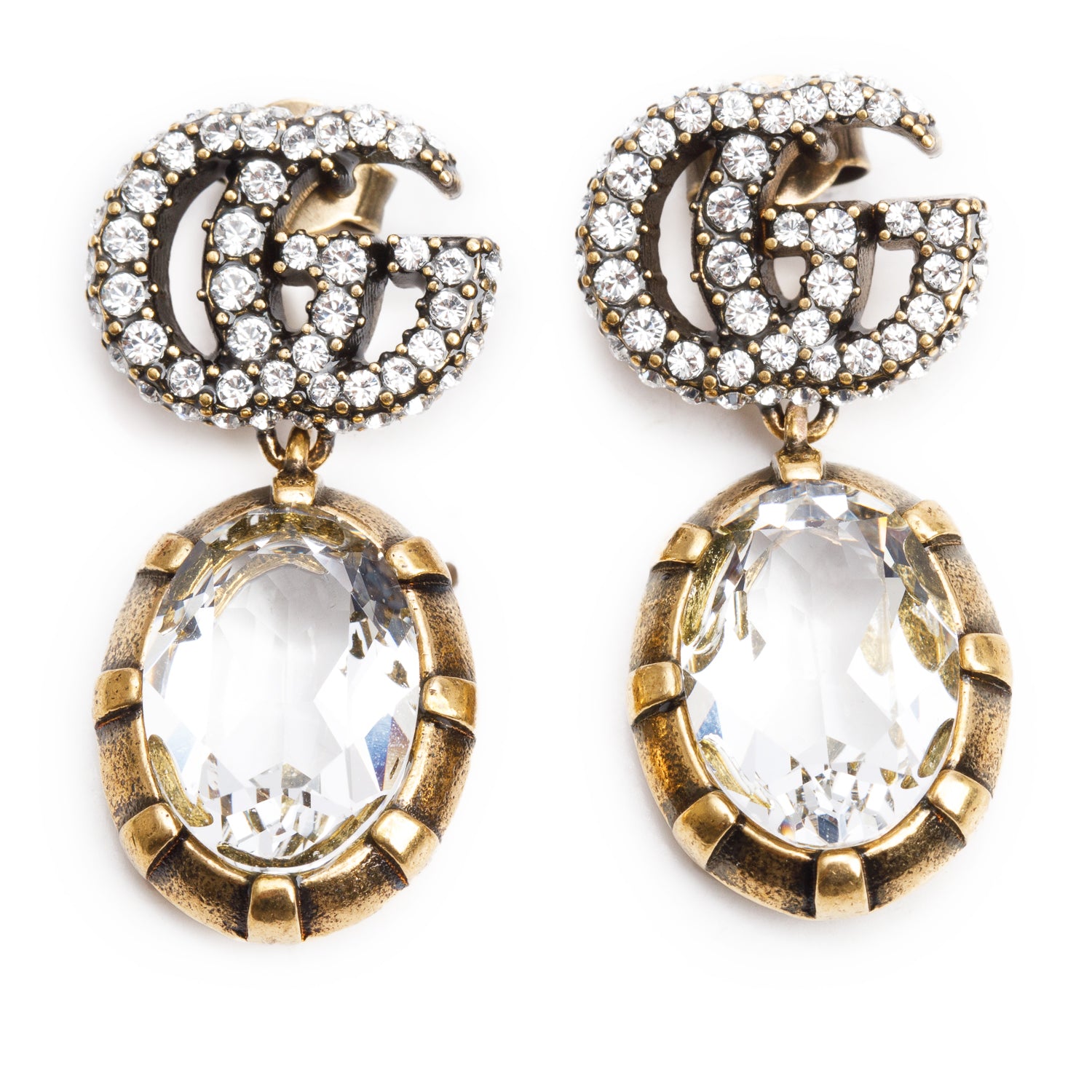 Gucci Gold Plated Crystal Double G Drop Earrings