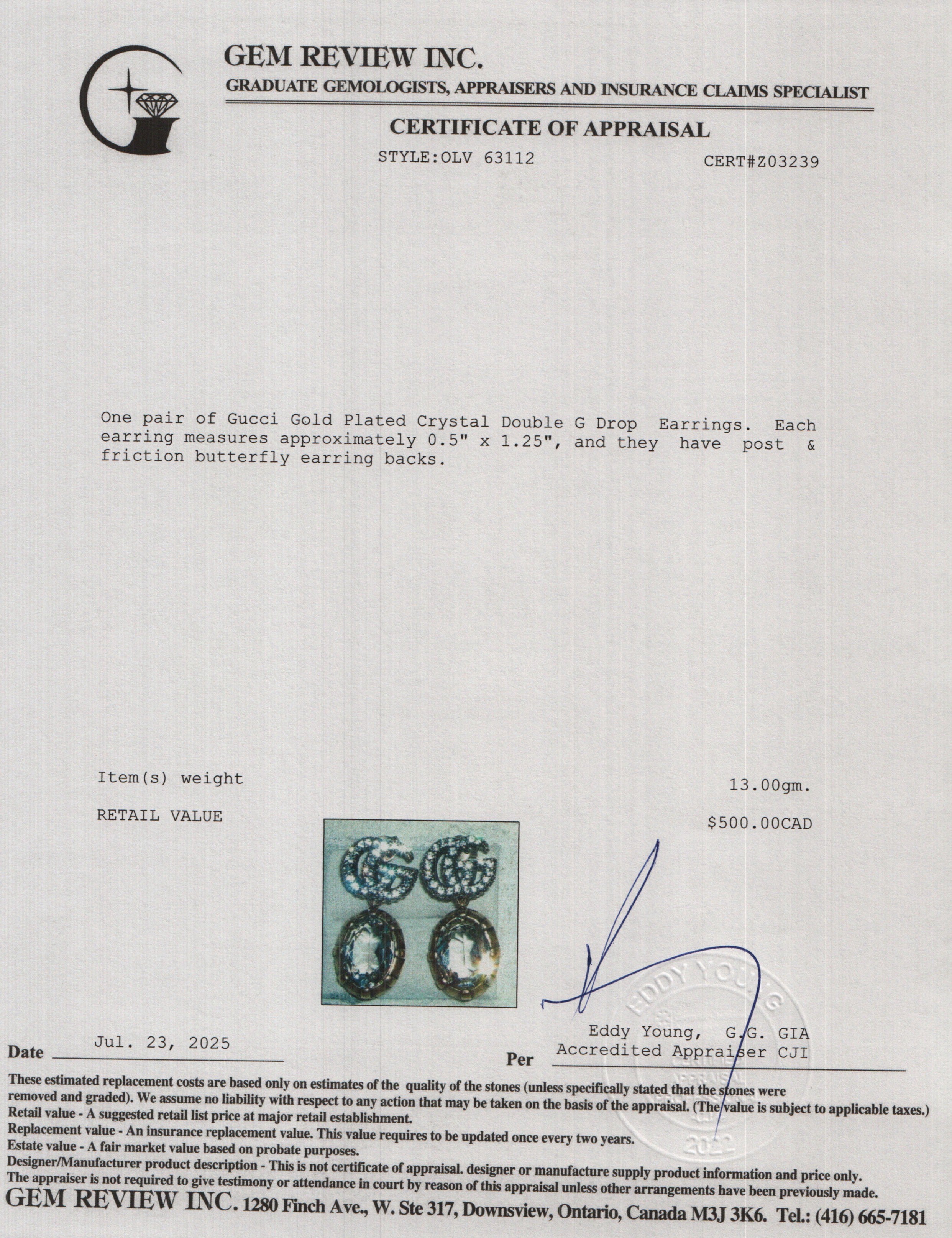 Gucci Gold Plated Crystal Double G Drop Earrings