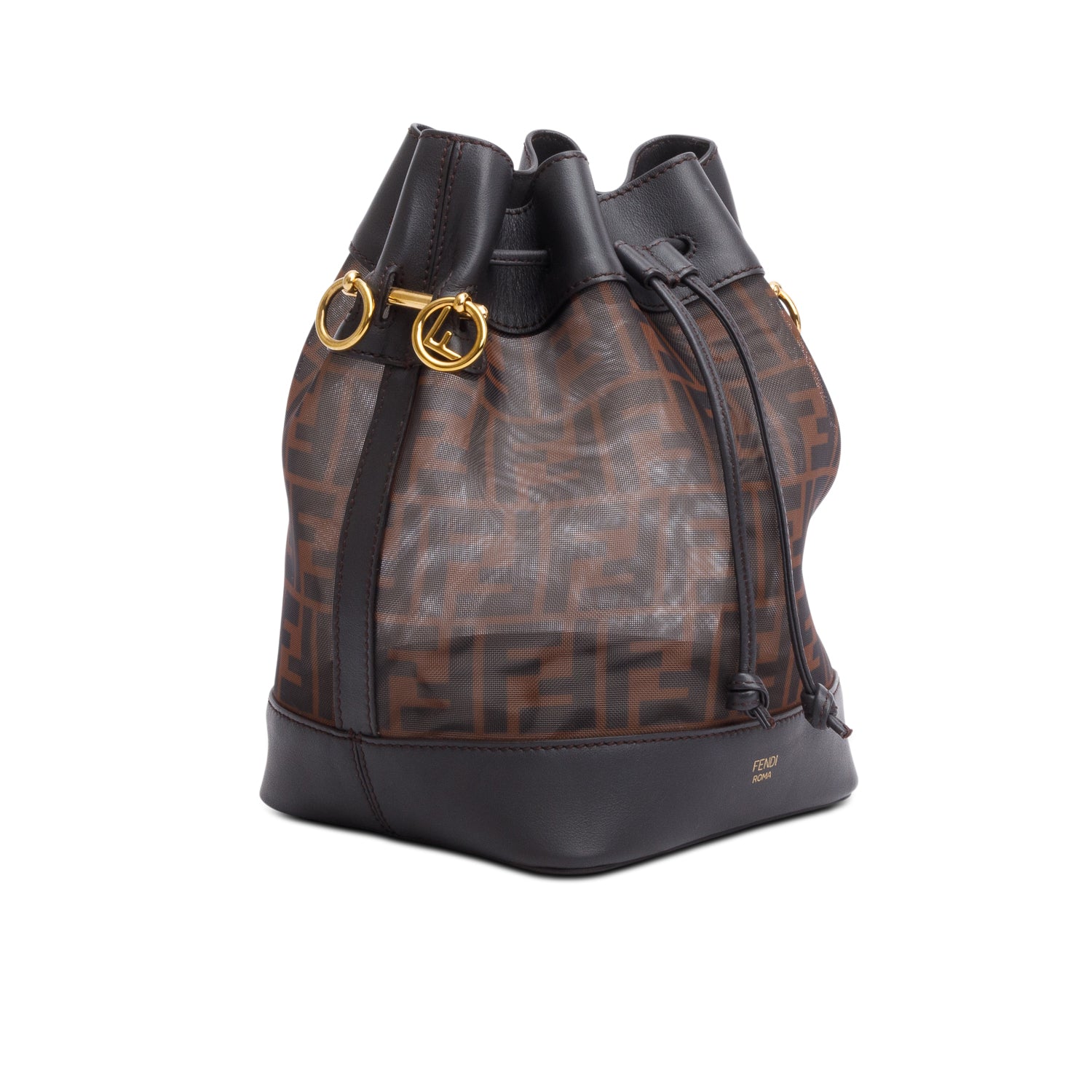 Fendi Brown Zucca FF Mesh Calfskin Leather Small Mon Tresor Bucket Bag w/ Strap