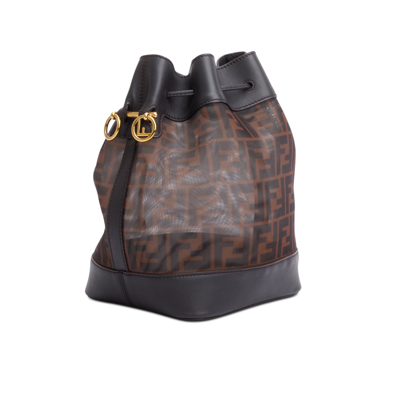 Fendi Brown Zucca FF Mesh Calfskin Leather Small Mon Tresor Bucket Bag w/ Strap