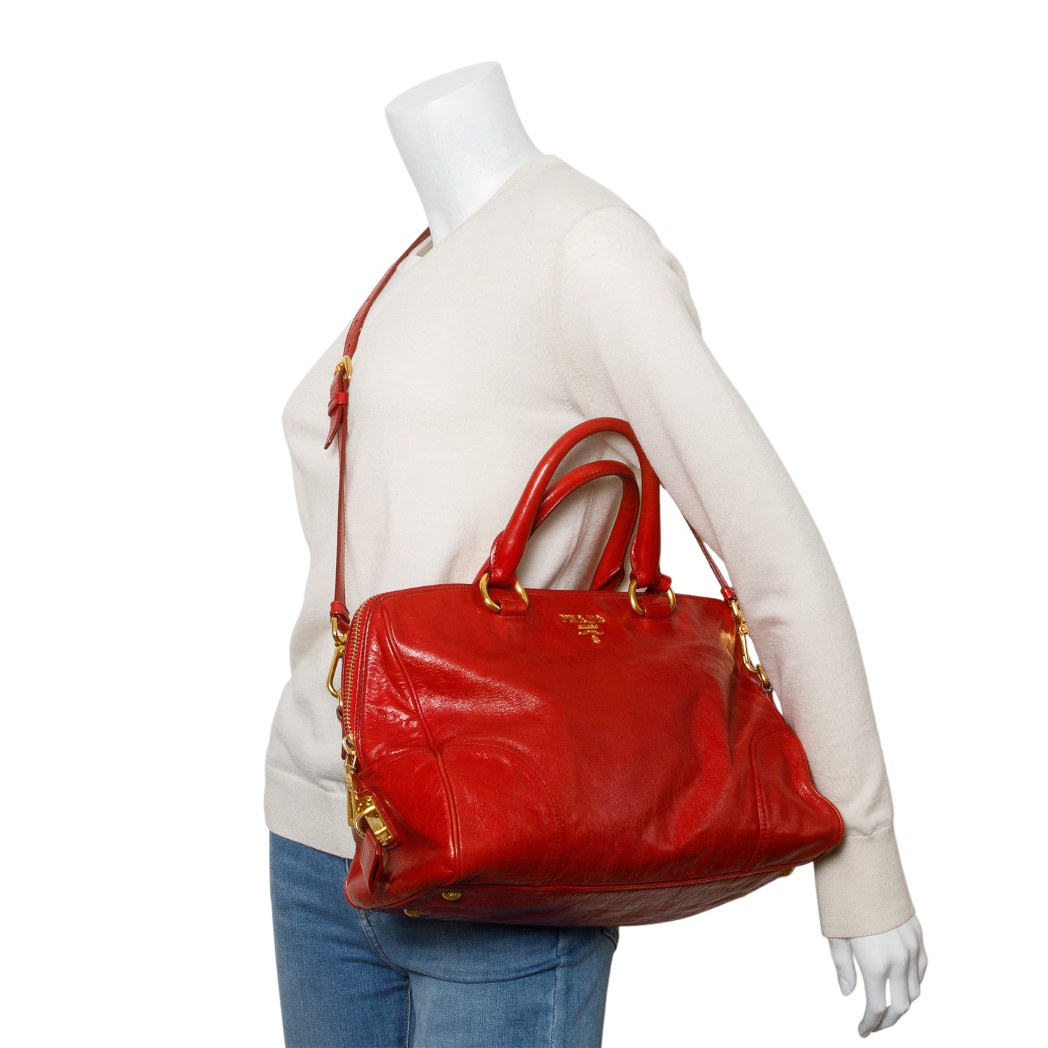 Prada Red Vitello Shine Leather Bauletto w/ Strap