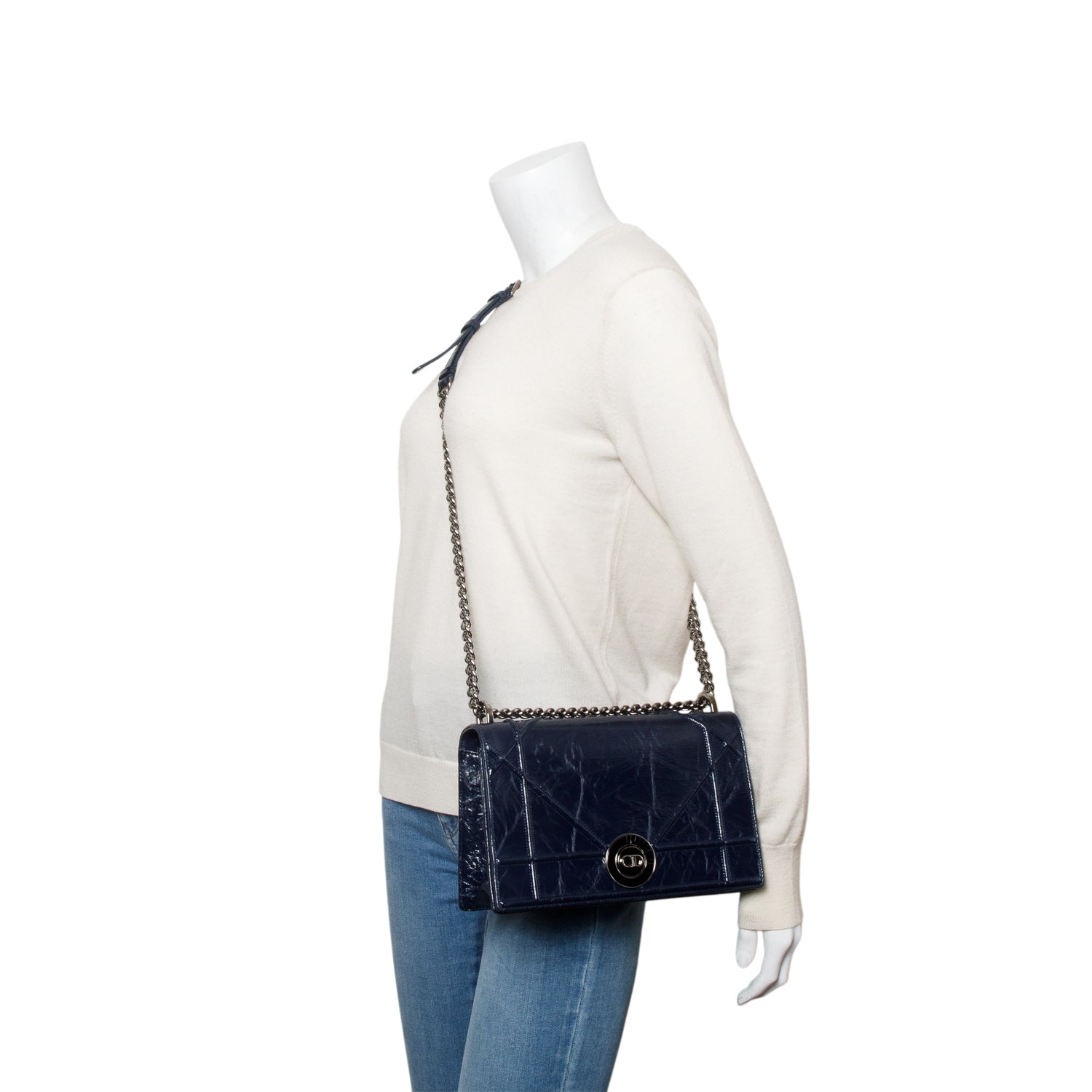Christian Dior Navy Crinkled Cannage Leather Crystal Embellished Medium Diorama Flap Bag w/ Authenticity Card