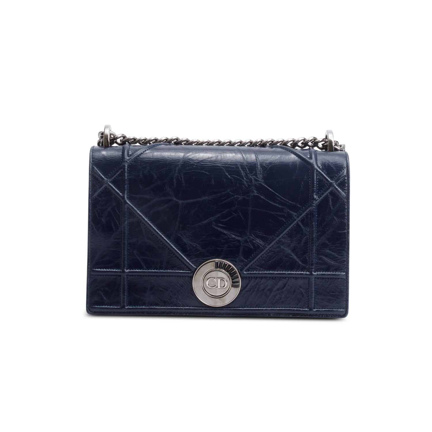 Christian Dior Navy Crinkled Cannage Leather Crystal Embellished Medium Diorama Flap Bag w/ Authenticity Card