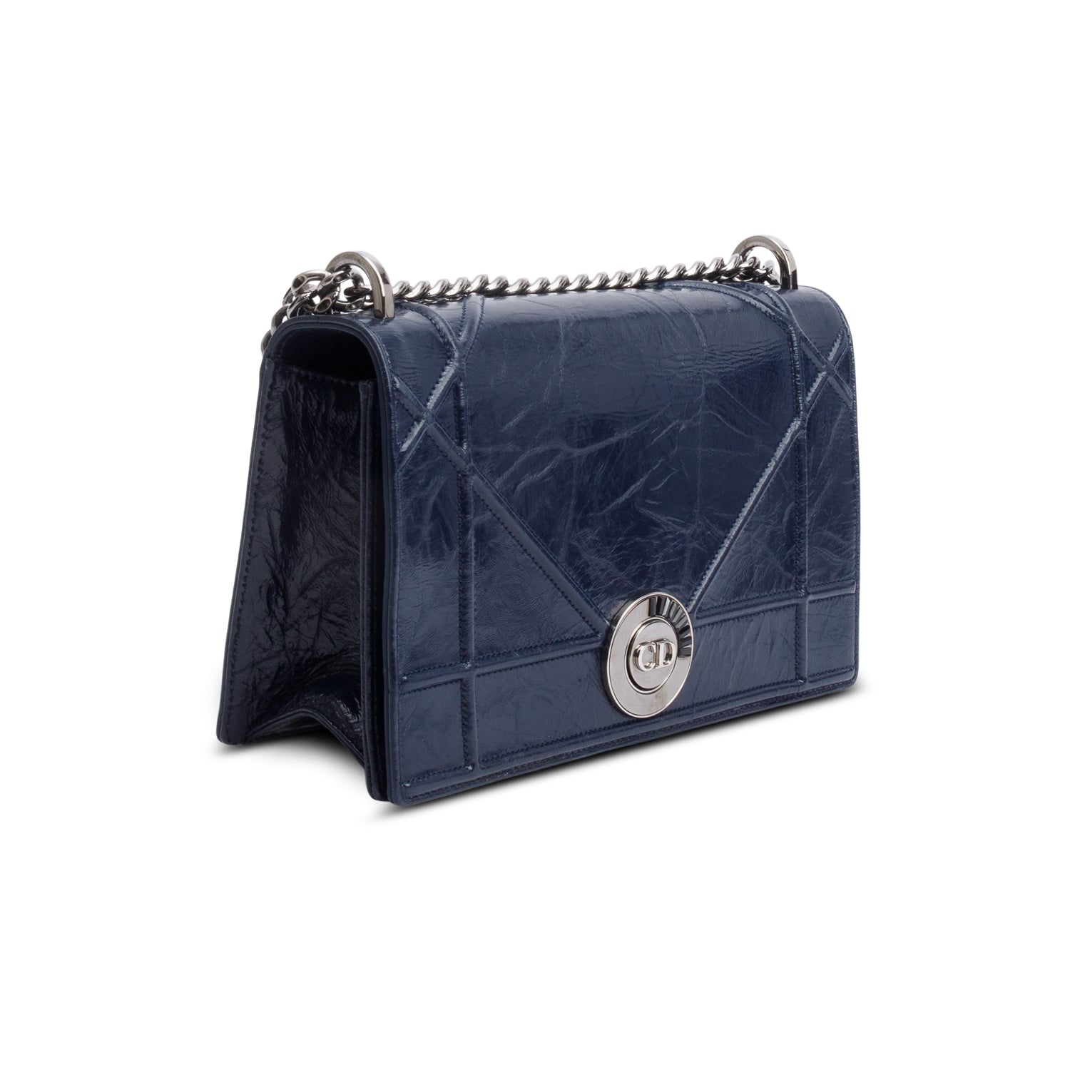 Christian Dior Navy Crinkled Cannage Leather Crystal Embellished Medium Diorama Flap Bag w/ Authenticity Card