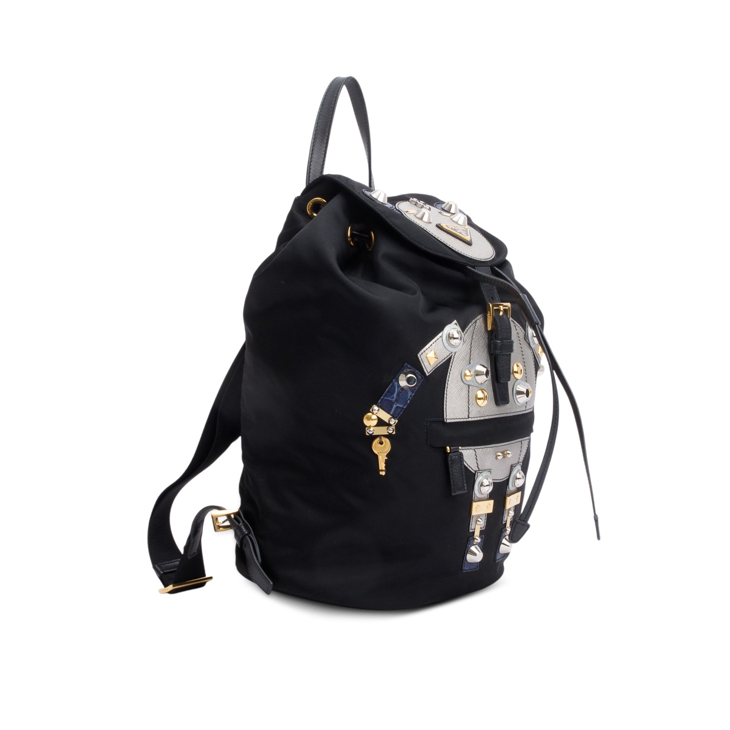 Prada Black Tessuto Nylon Grey Saffiano Leather Trim Robot Backpack