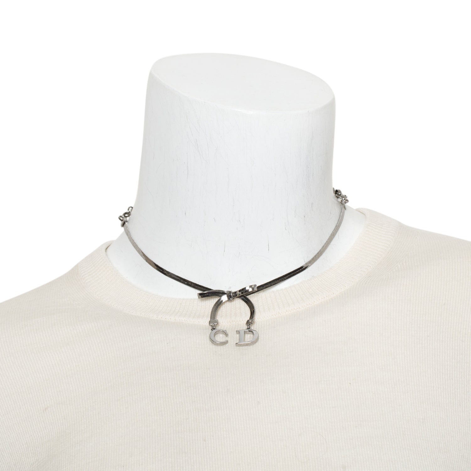 Christian Dior Silver Tone Metal CD Bow Choker Necklace