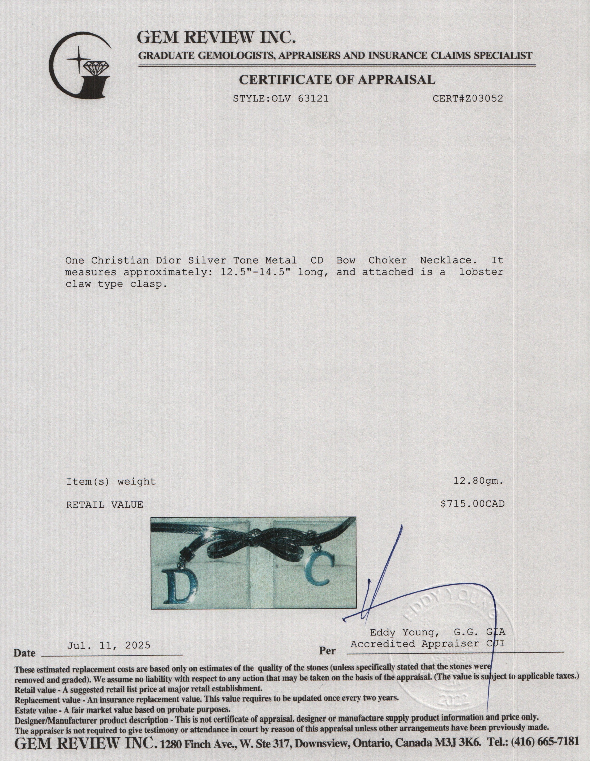 Christian Dior Silver Tone Metal CD Bow Choker Necklace