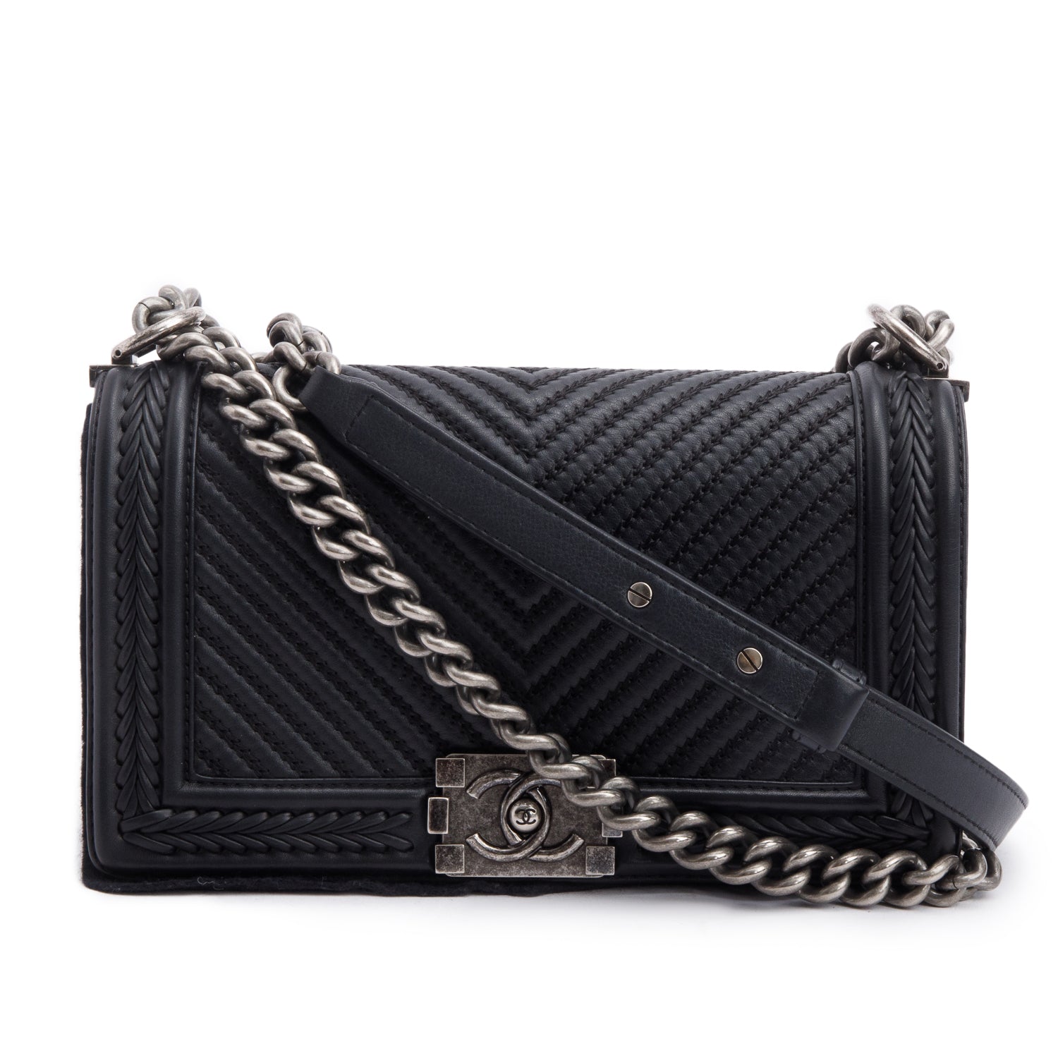 Chanel Black Chevron Quilted Calfskin Leather Whipstitch Medium Boy Bag w/ Box & Authenticity Card