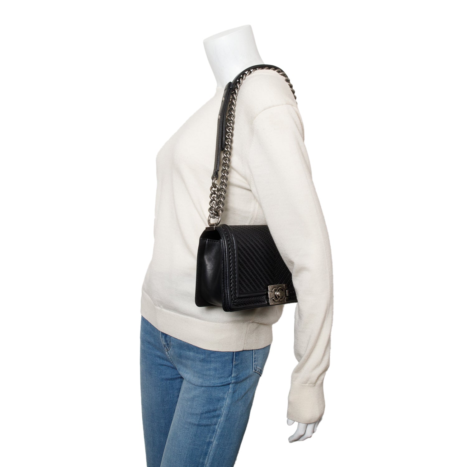 Chanel Black Chevron Quilted Calfskin Leather Whipstitch Medium Boy Bag w/ Box & Authenticity Card
