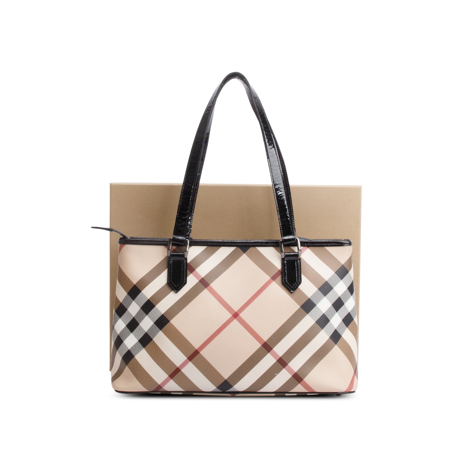 Burberry Super Nova Check Black Patent Leather Trim Small Tote w/ Box