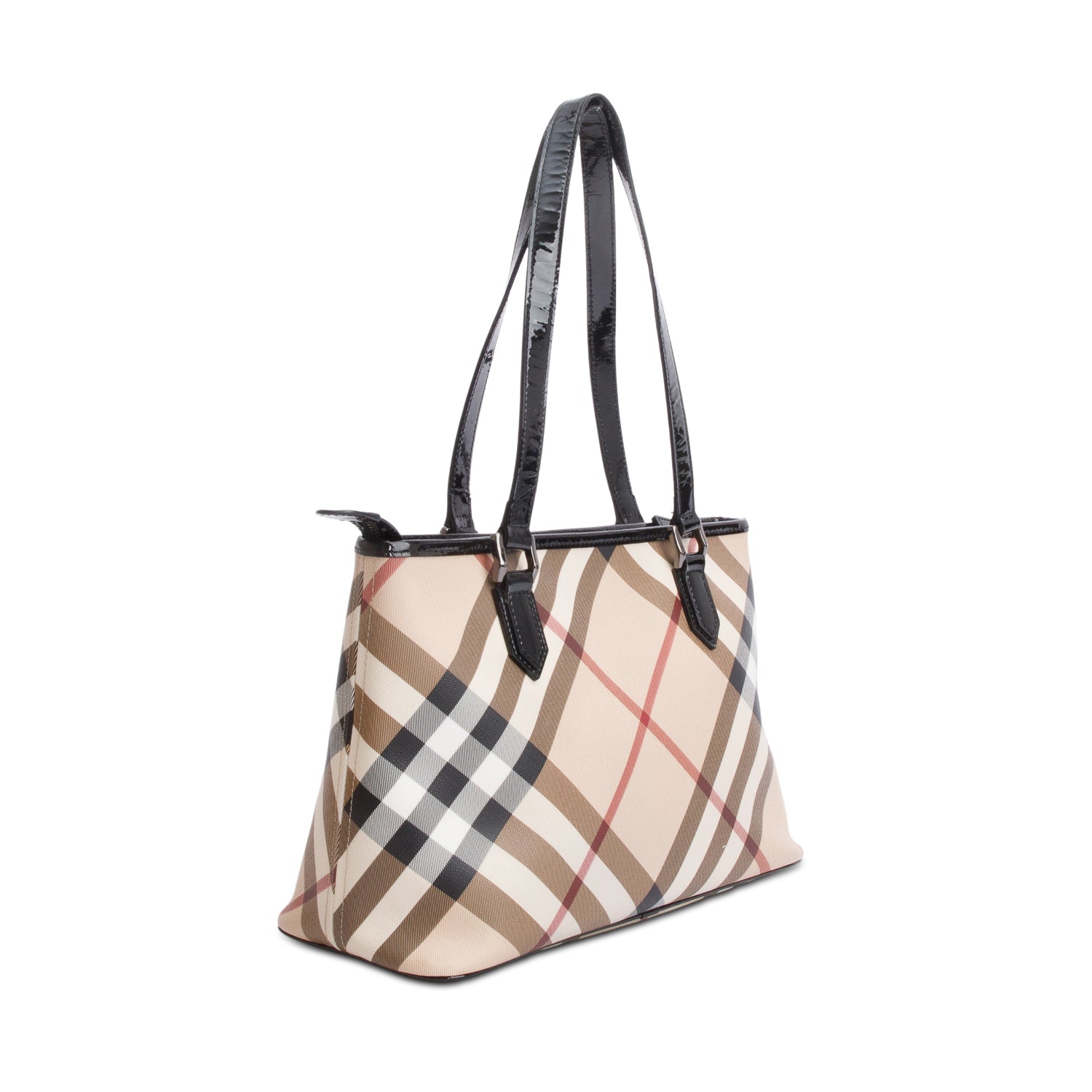 Burberry Super Nova Check Black Patent Leather Trim Small Tote w/ Box