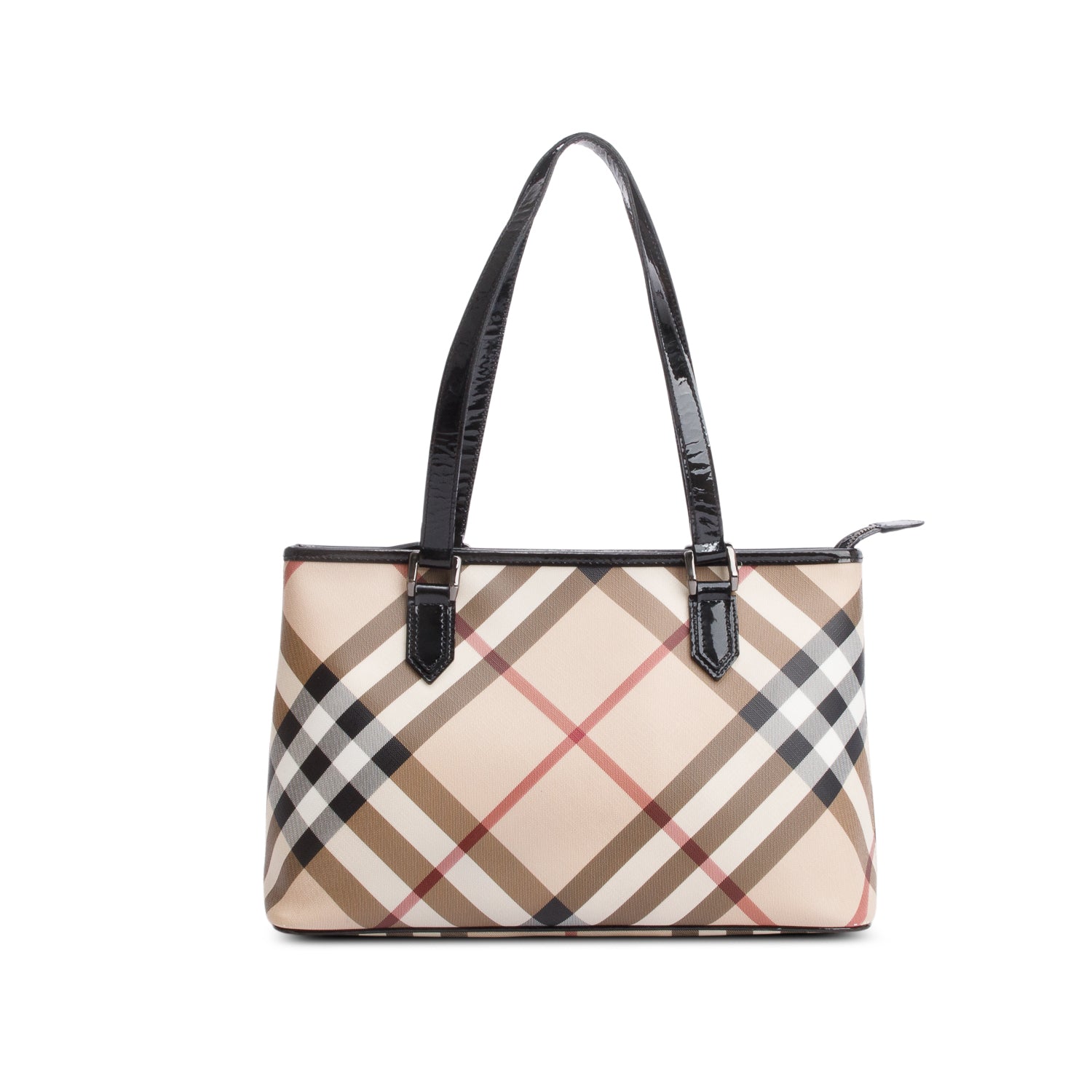 Burberry Super Nova Check Black Patent Leather Trim Small Tote w/ Box