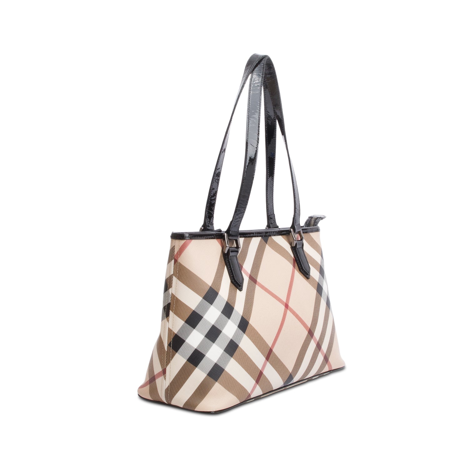 Burberry Super Nova Check Black Patent Leather Trim Small Tote w/ Box