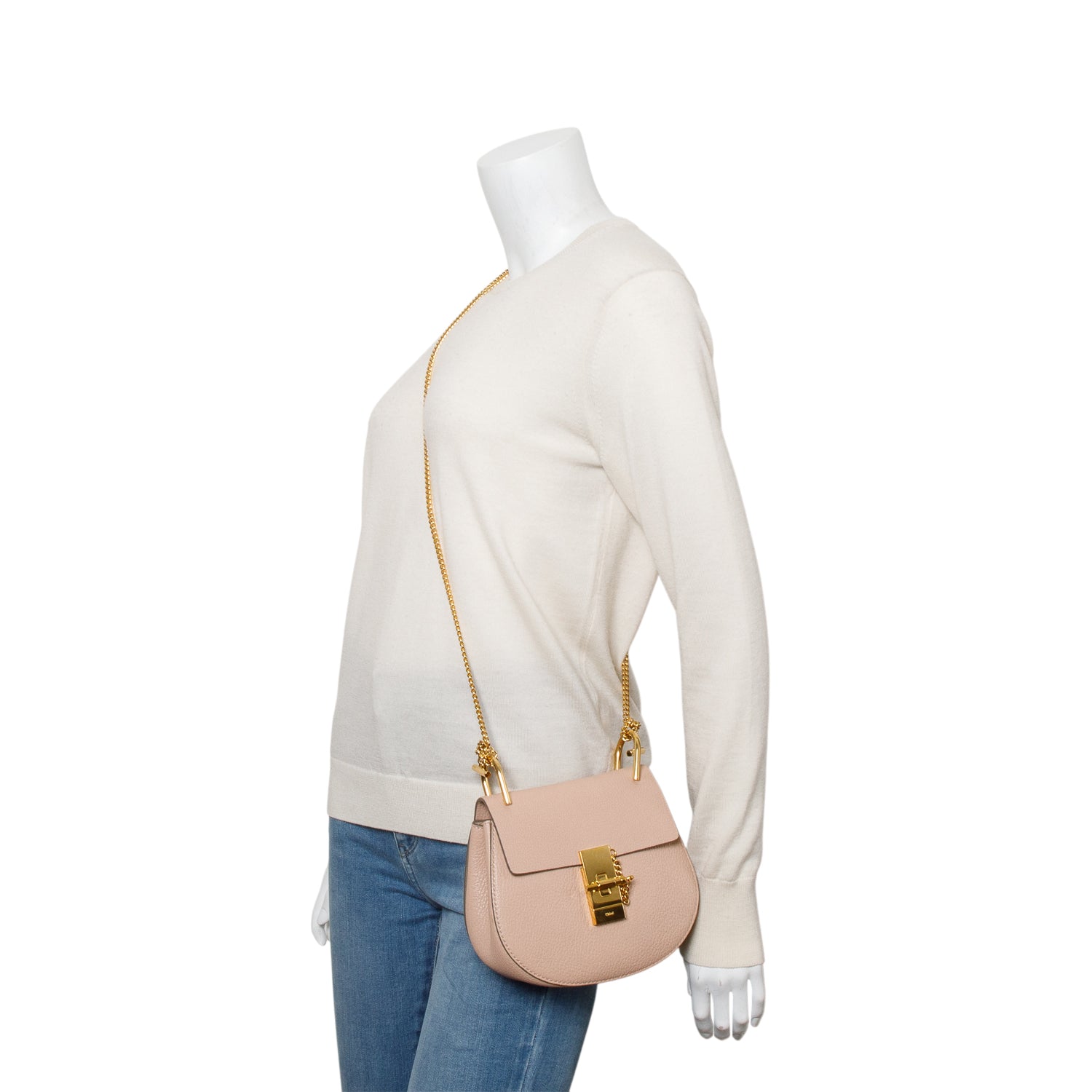 Chloe Pink Grained Calfskin Leather Mini Drew Crossbody Bag