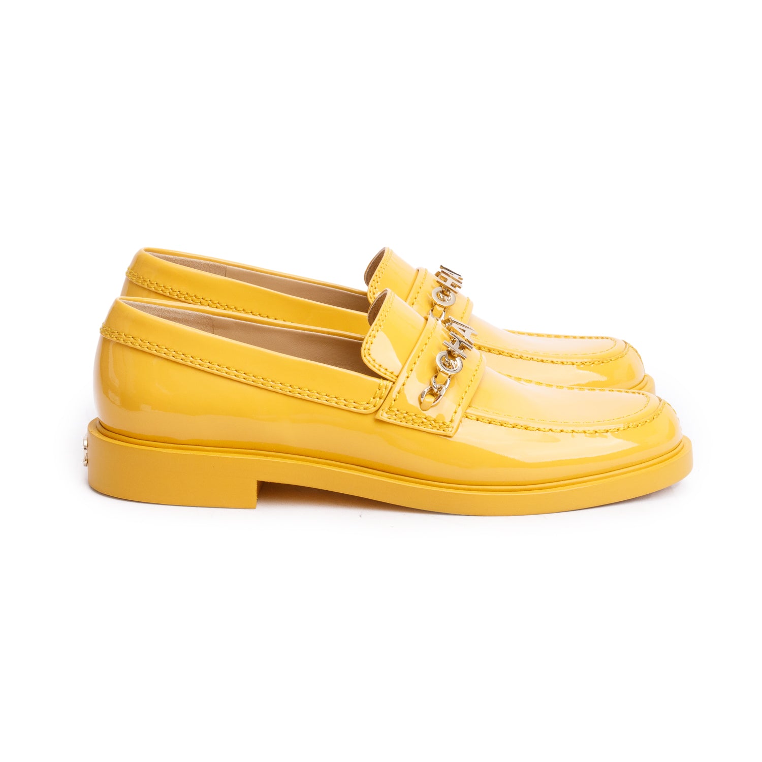Chanel Yellow Patent Leather Chain Logo Loafer, Size 39 w/ Box
