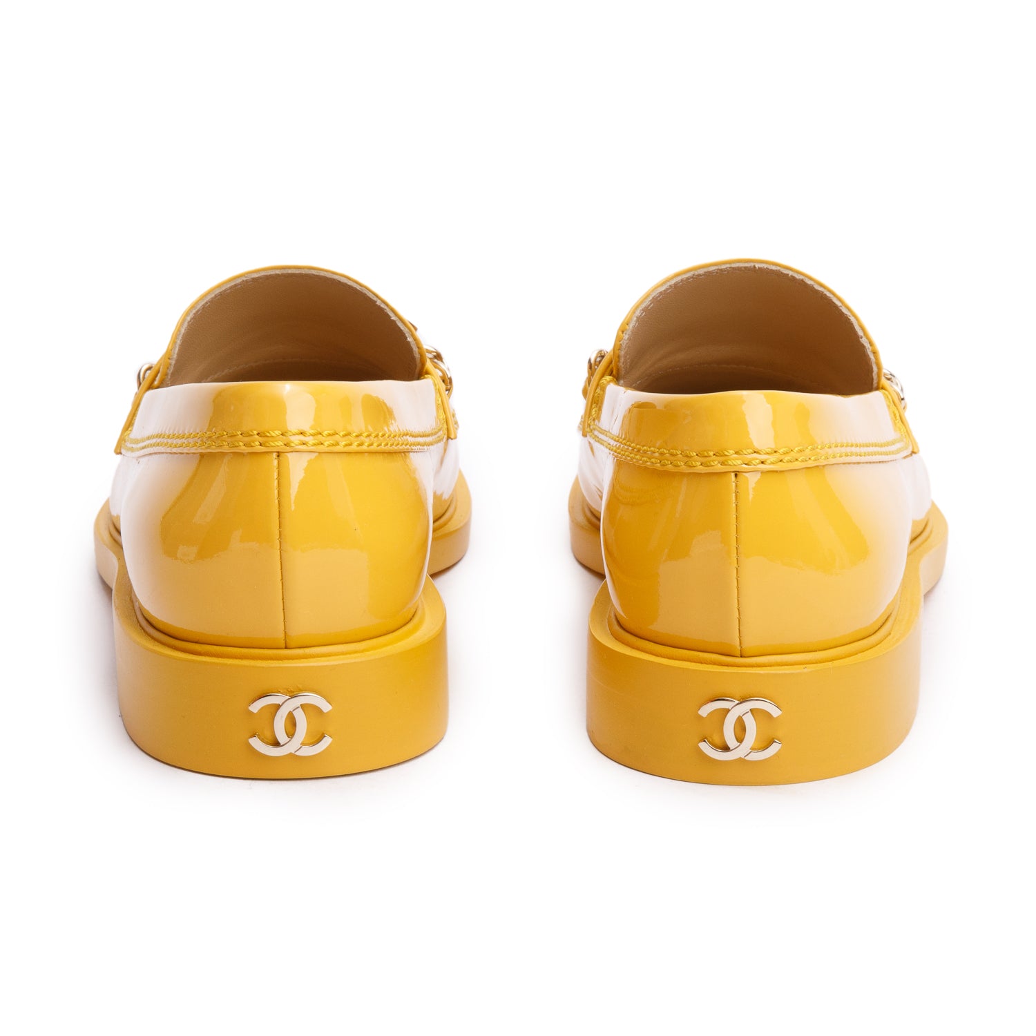 Chanel Yellow Patent Leather Chain Logo Loafer, Size 39 w/ Box