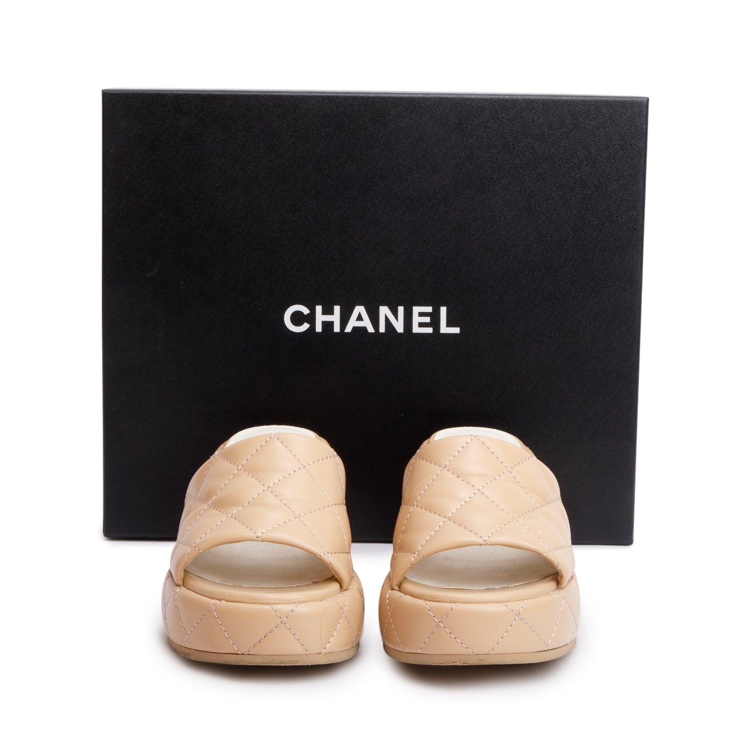 Chanel Beige Quilted Lambskin Leather Camellia CC Wedge Slide Sandals, Size36 w/ Box