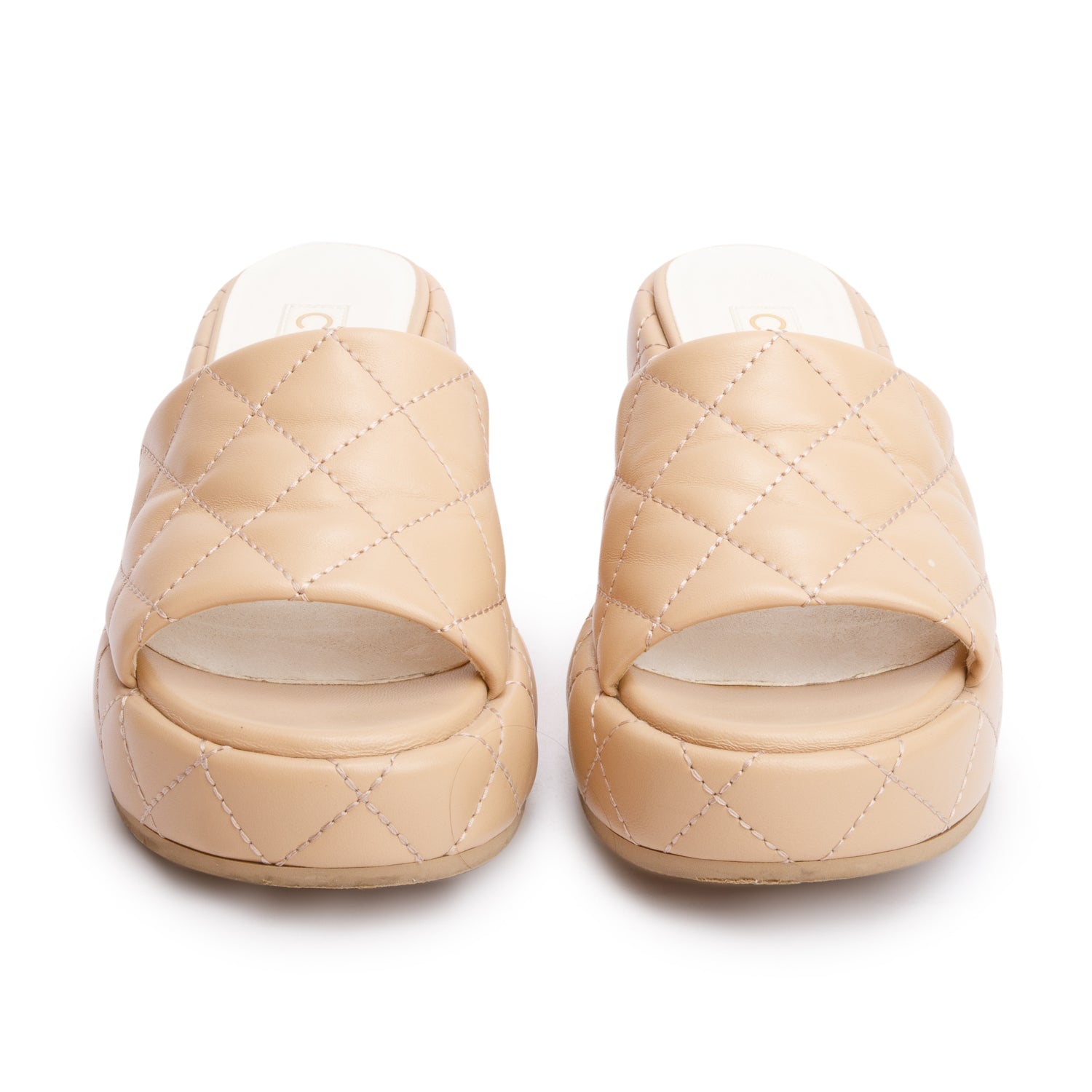 Chanel Beige Quilted Lambskin Leather Camellia CC Wedge Slide Sandals, Size36 w/ Box