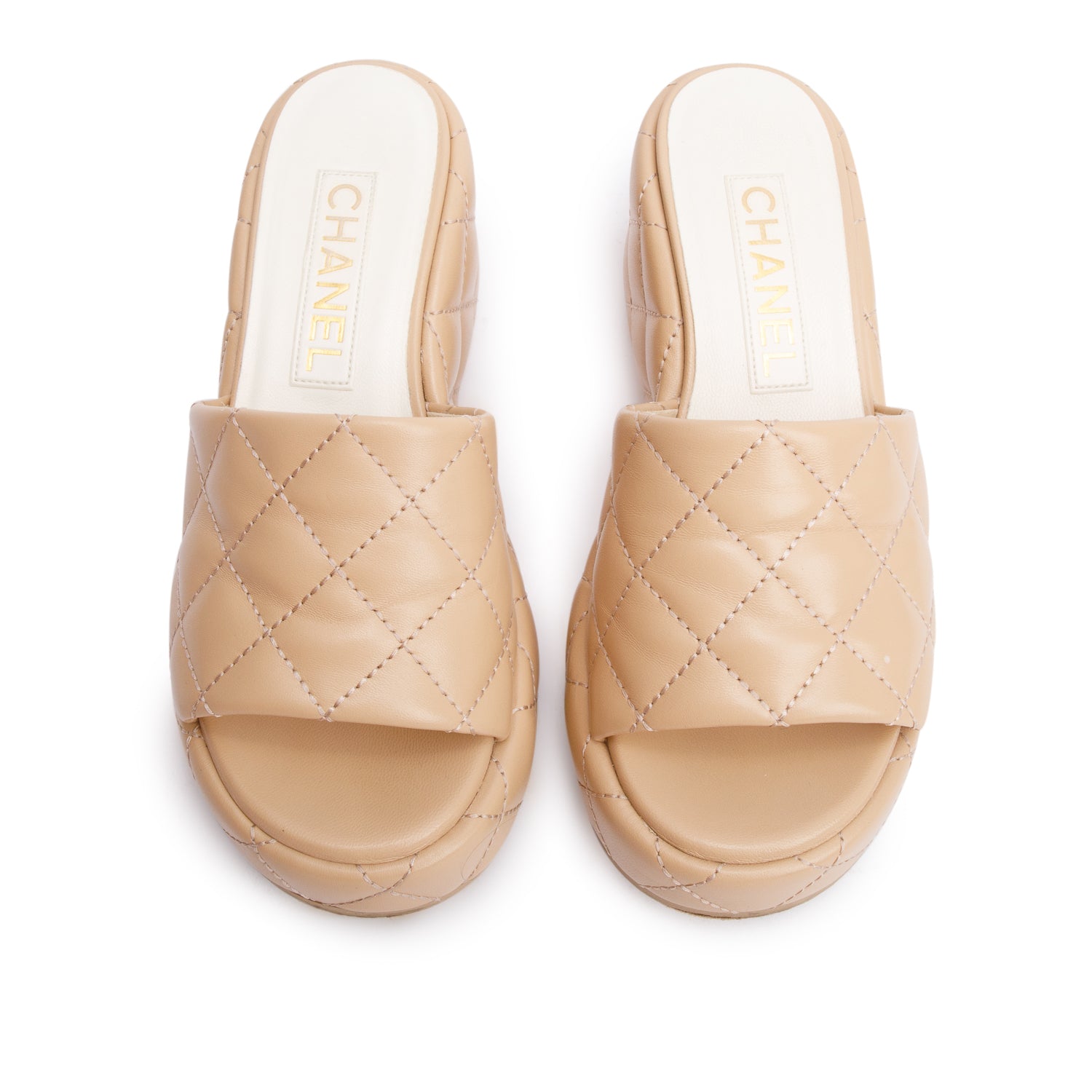 Chanel Beige Quilted Lambskin Leather Camellia CC Wedge Slide Sandals, Size36 w/ Box