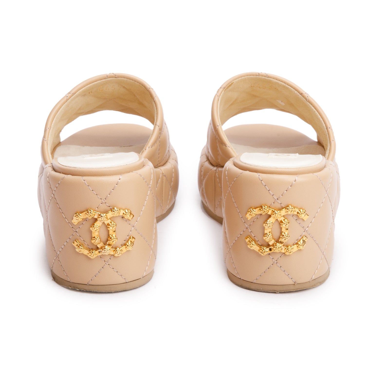 Chanel Beige Quilted Lambskin Leather Camellia CC Wedge Slide Sandals, Size36 w/ Box