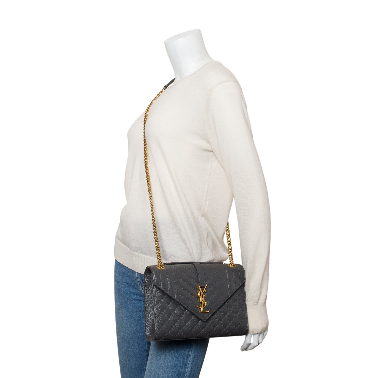 Saint Laurent 2022 Grey Grained De Poudre Medium Envelope Shoulder Bag w/ Box
