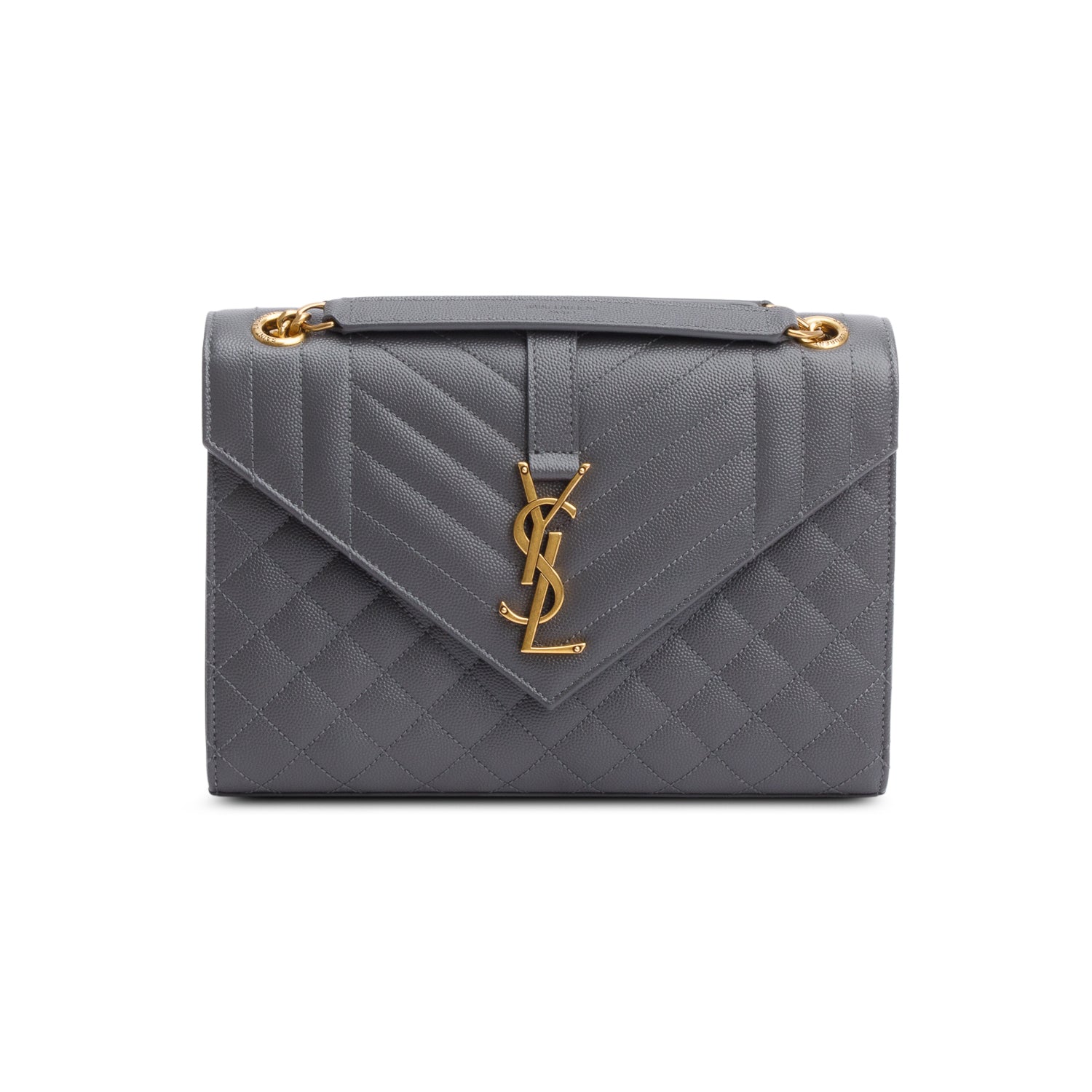 Saint Laurent 2022 Grey Grained De Poudre Medium Envelope Shoulder Bag w/ Box
