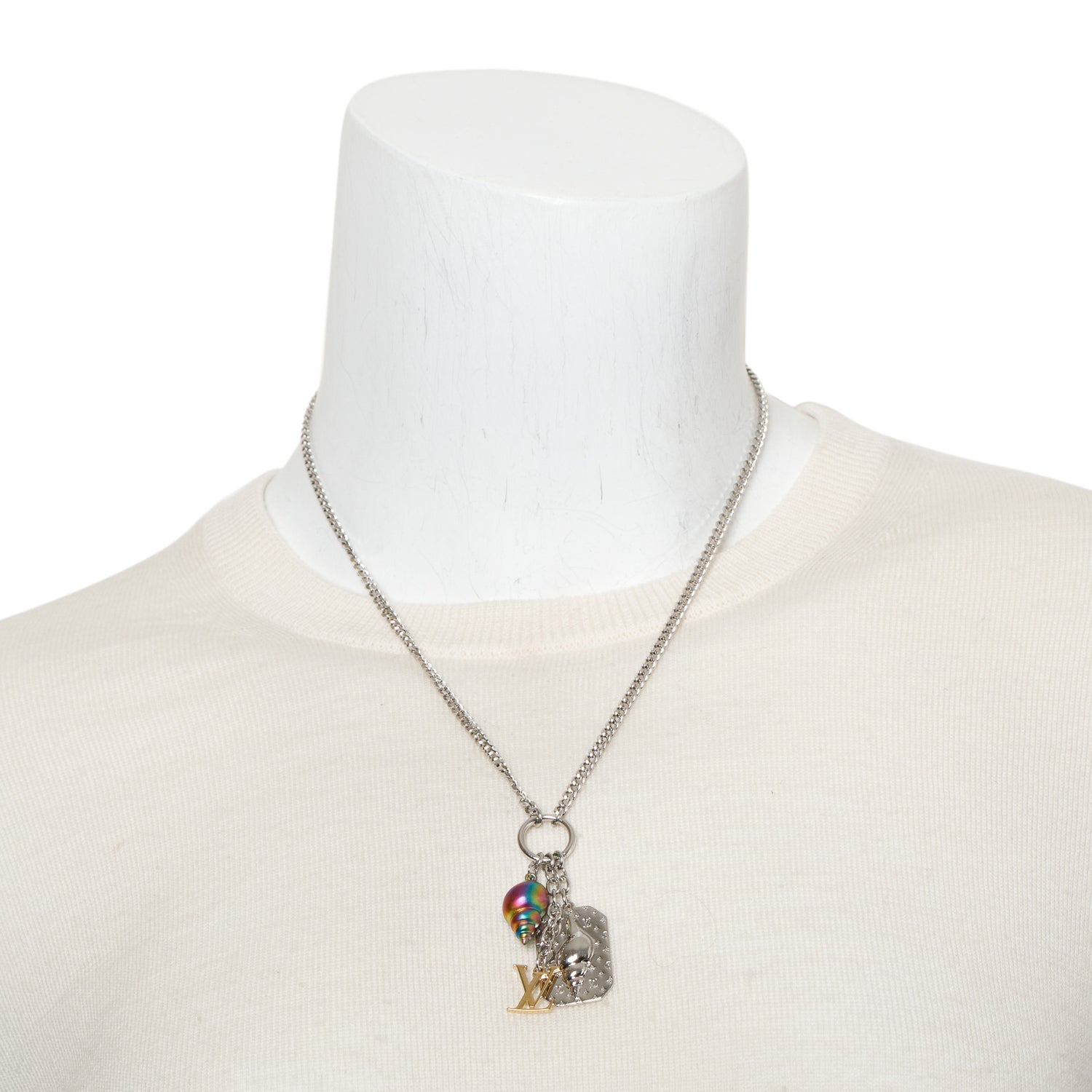 Louis Vuitton 2023 Palladium Plated LV Logo Shell Charm Pendant Necklace w/ Box