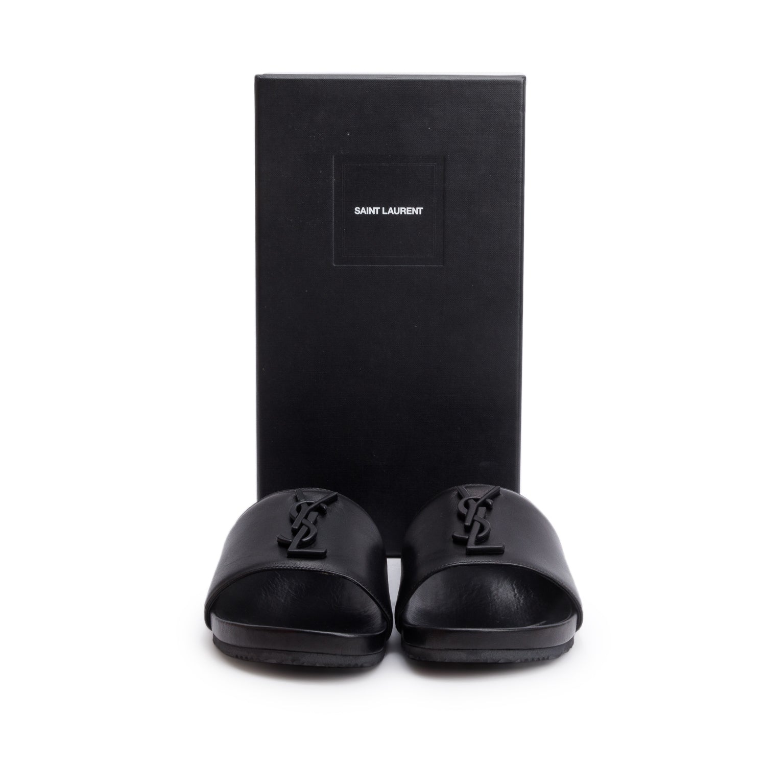 Saint Laurent Black Leather Joan Slide Sandals, Size 38.5 w/ Box