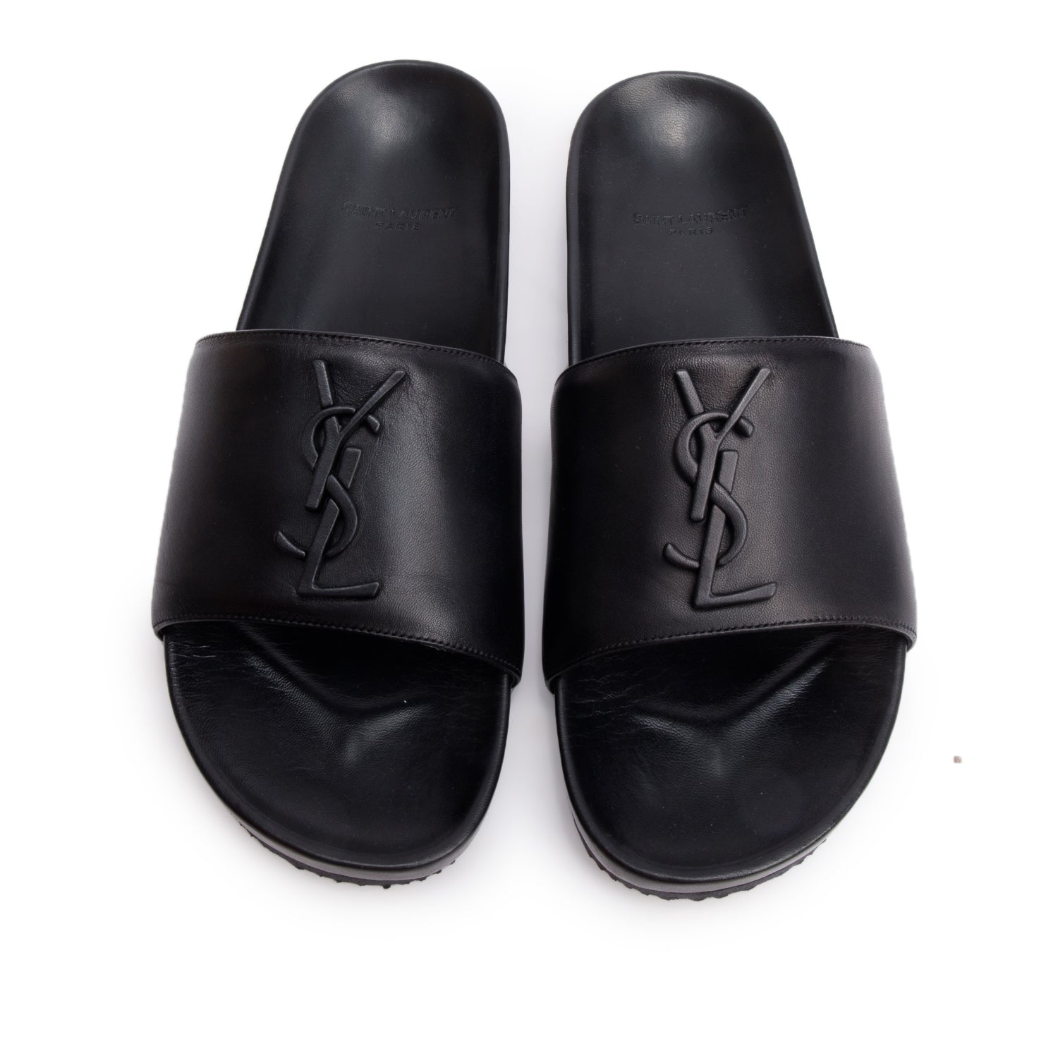Saint Laurent Black Leather Joan Slide Sandals, Size 38.5 w/ Box