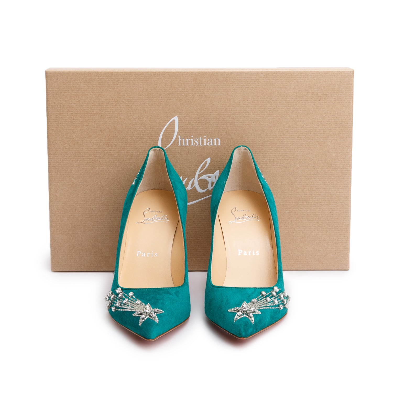 Christian Louboutin Green Suede Crystal Accent Kate Reward Program Pumps, Size 35.5 w/ Box