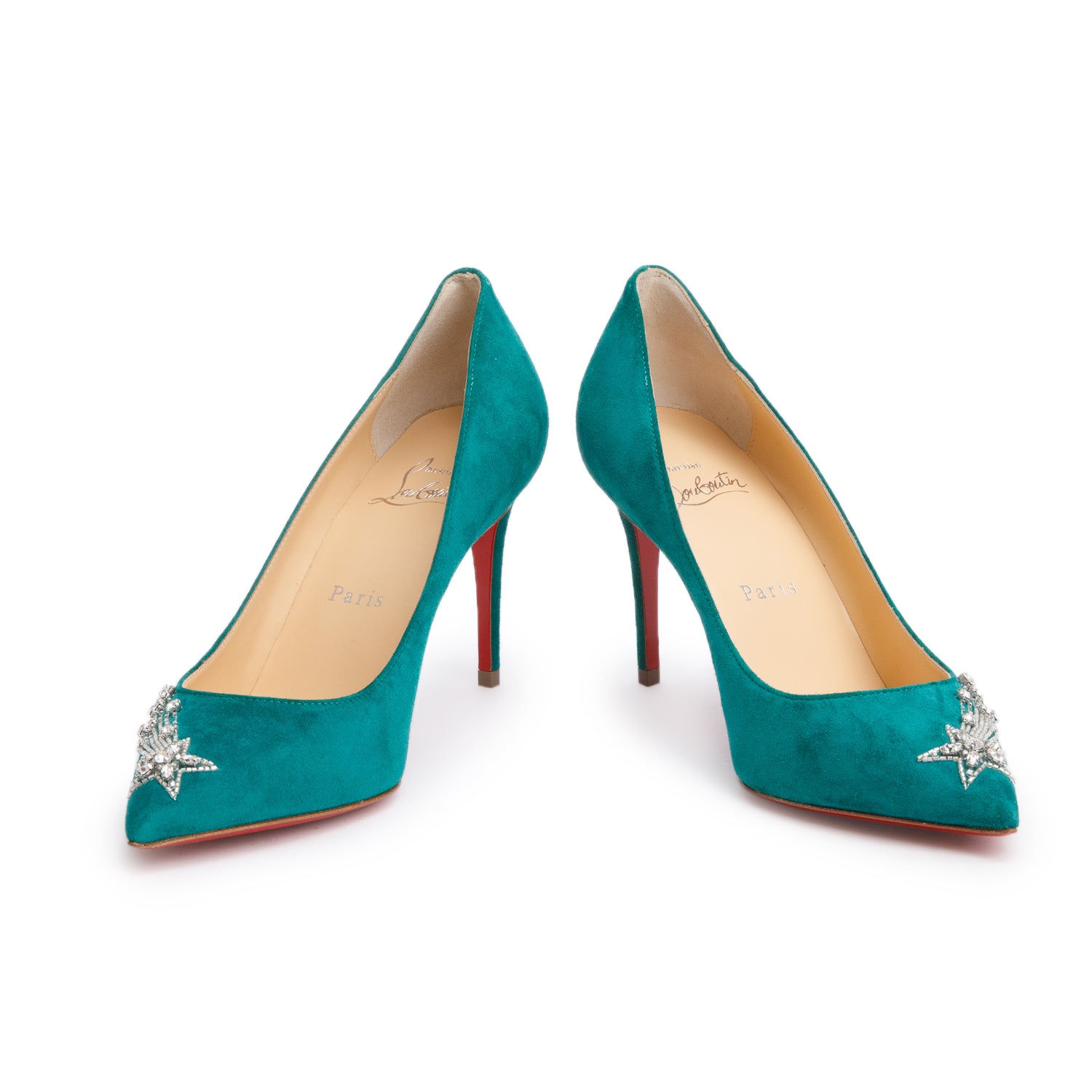 Christian Louboutin Green Suede Crystal Accent Kate Reward Program Pumps, Size 35.5 w/ Box