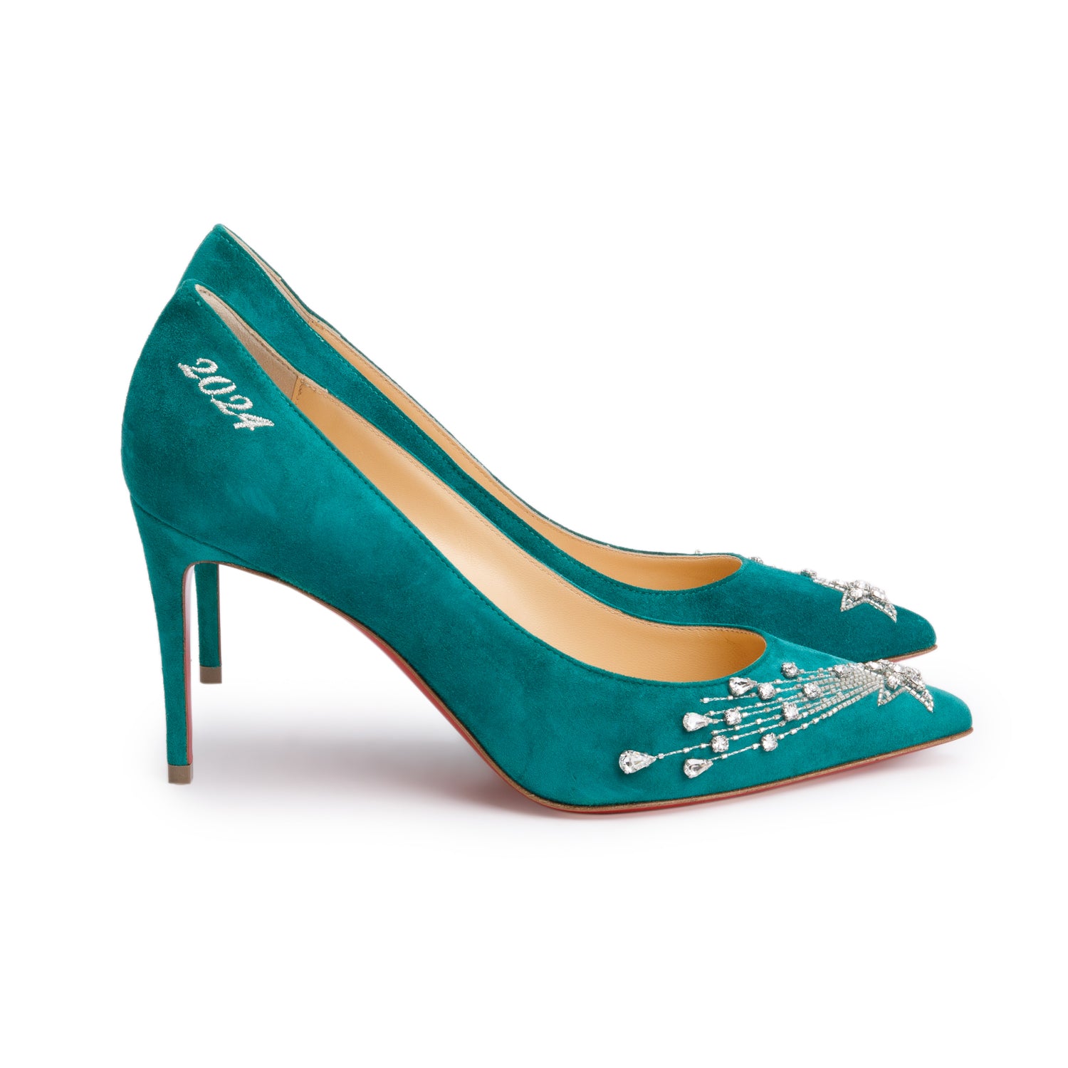Christian Louboutin Green Suede Crystal Accent Kate Reward Program Pumps, Size 35.5 w/ Box