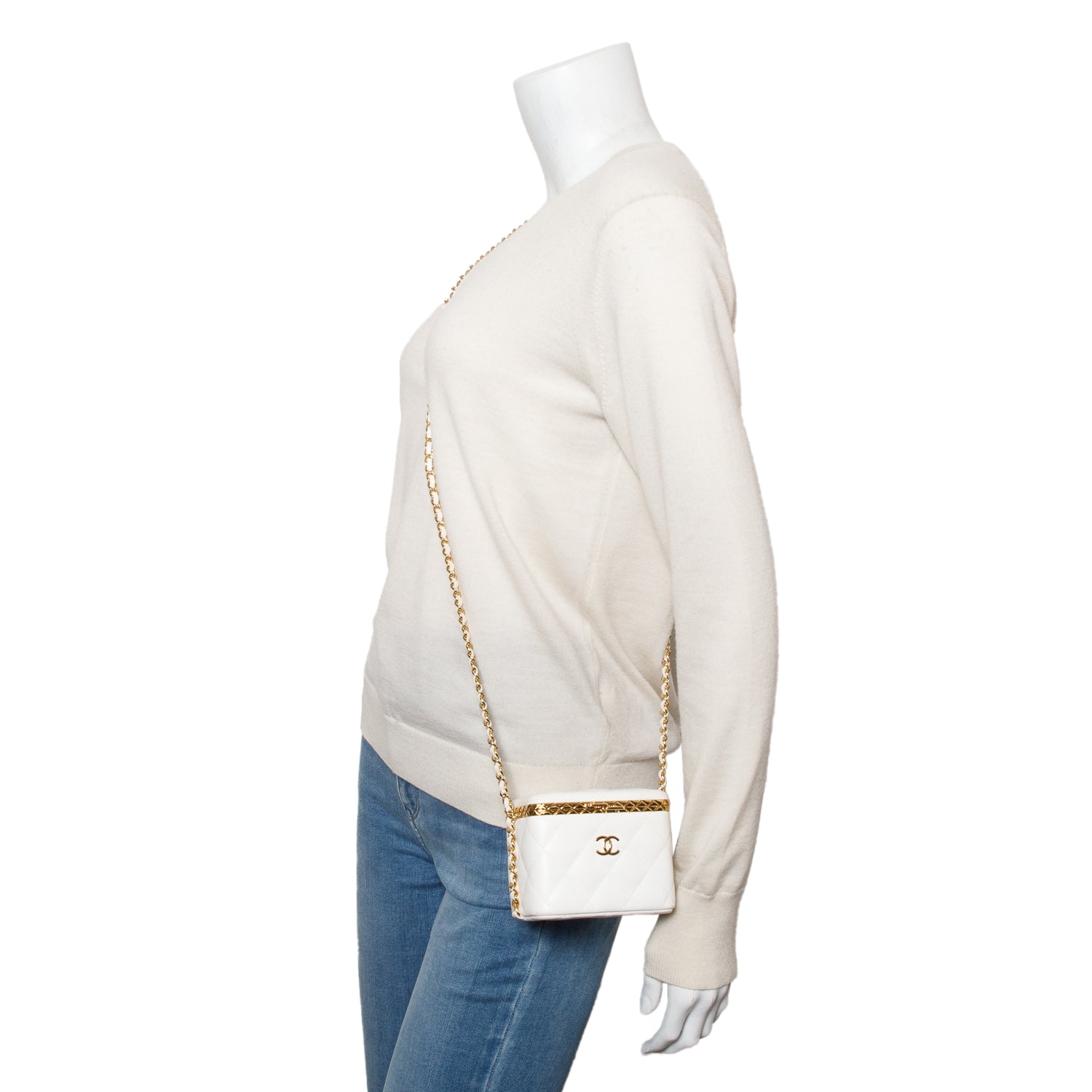 Chanel 2022 White Quilted Lambskin Leather Small Lock Frame Chain Vanity Case w/ Authenticity Card