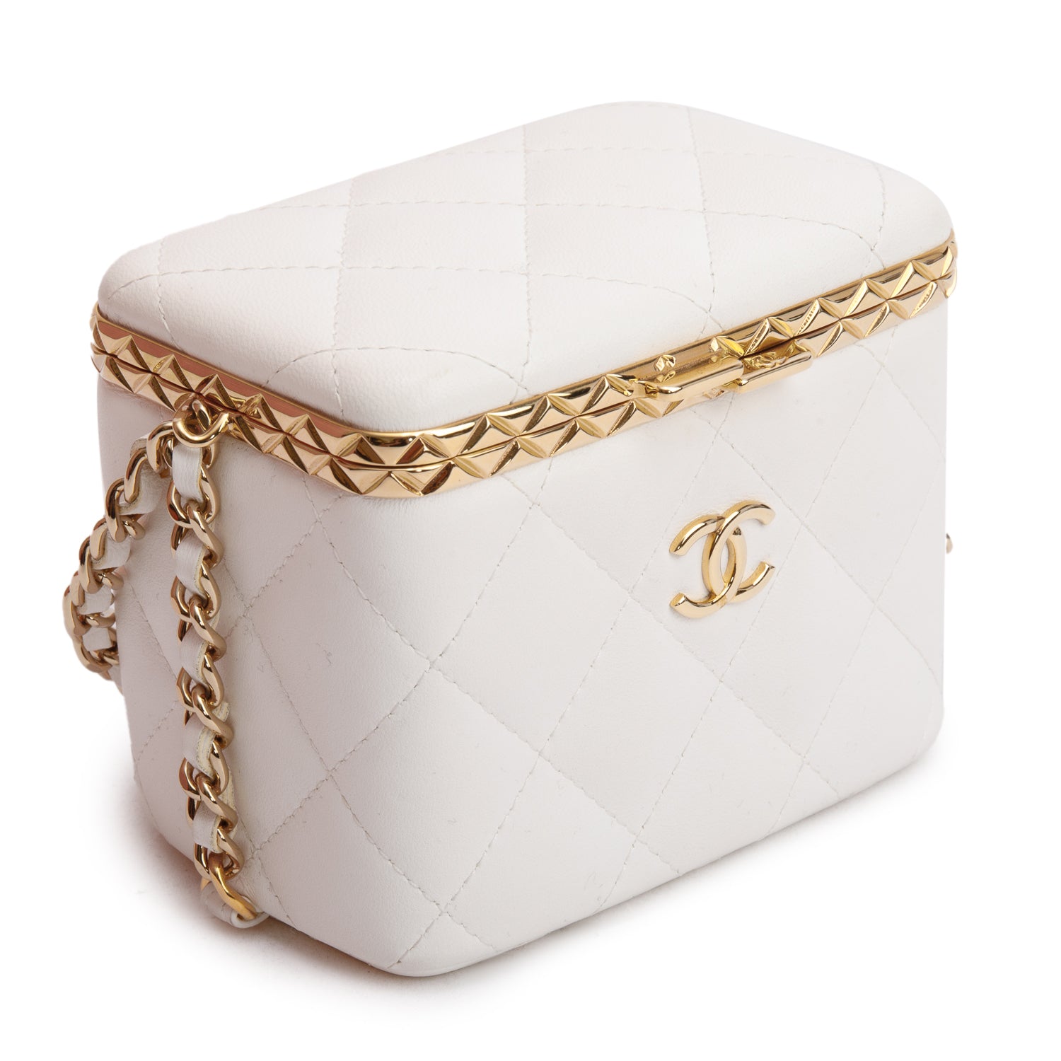 Chanel 2022 White Quilted Lambskin Leather Small Lock Frame Chain Vanity Case w/ Authenticity Card