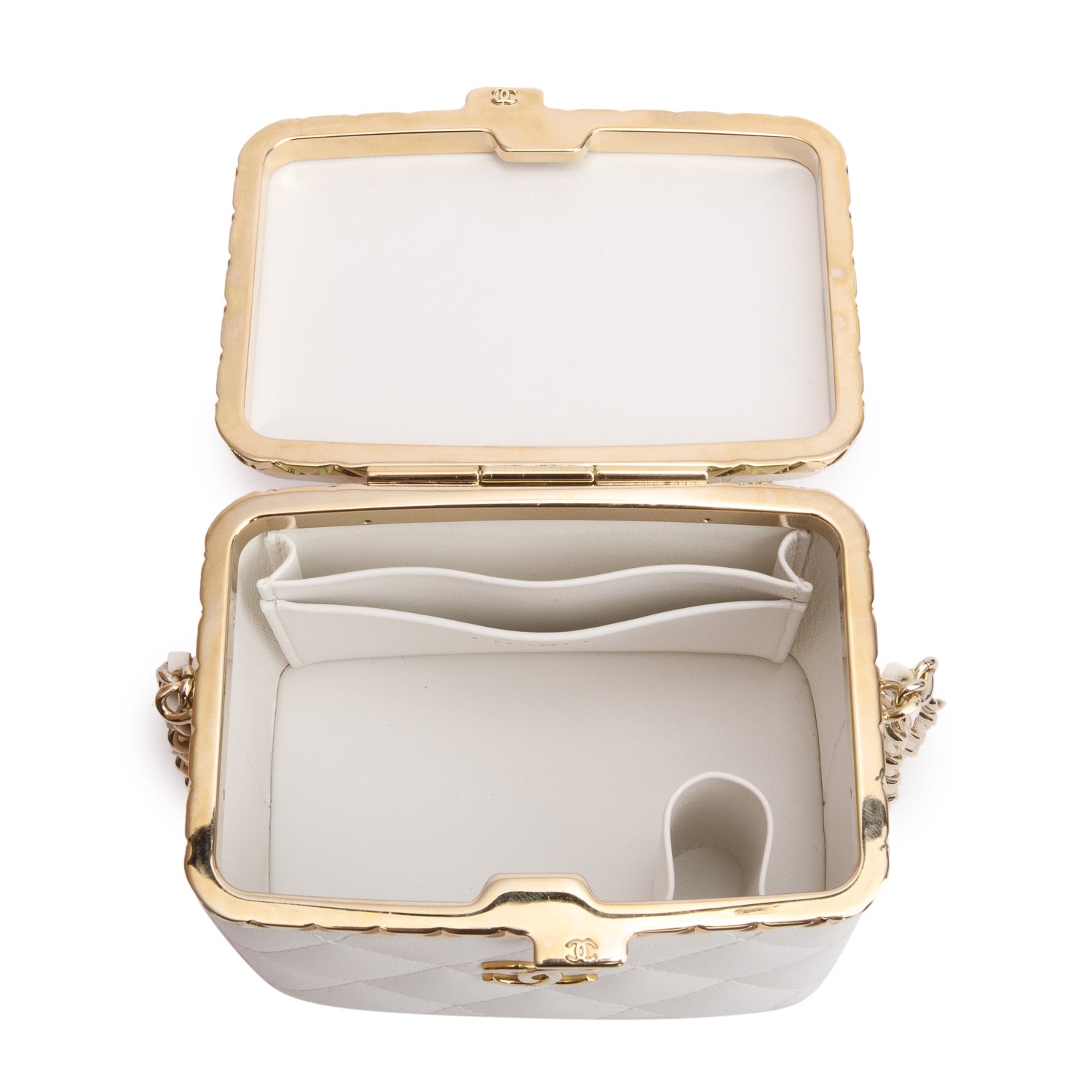 Chanel 2022 White Quilted Lambskin Leather Small Lock Frame Chain Vanity Case w/ Authenticity Card