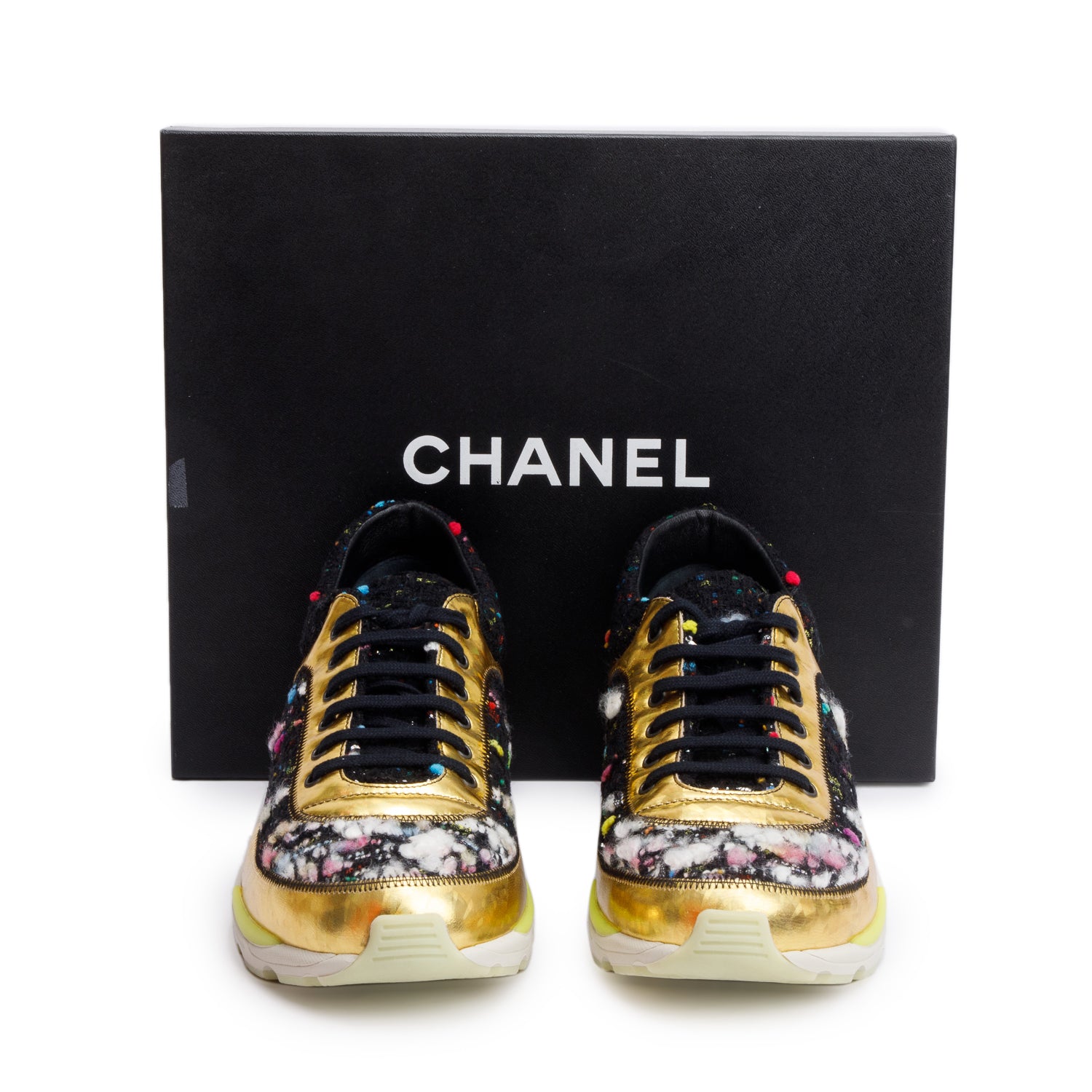 Chanel Gold/Black Trim Tweed Interlocking CC Logo Sneakers, Size 39 w/ Box