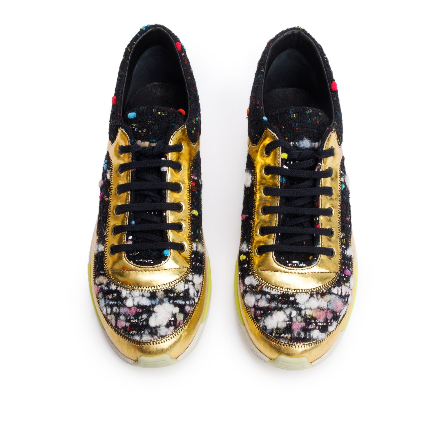 Chanel Gold/Black Trim Tweed Interlocking CC Logo Sneakers, Size 39 w/ Box