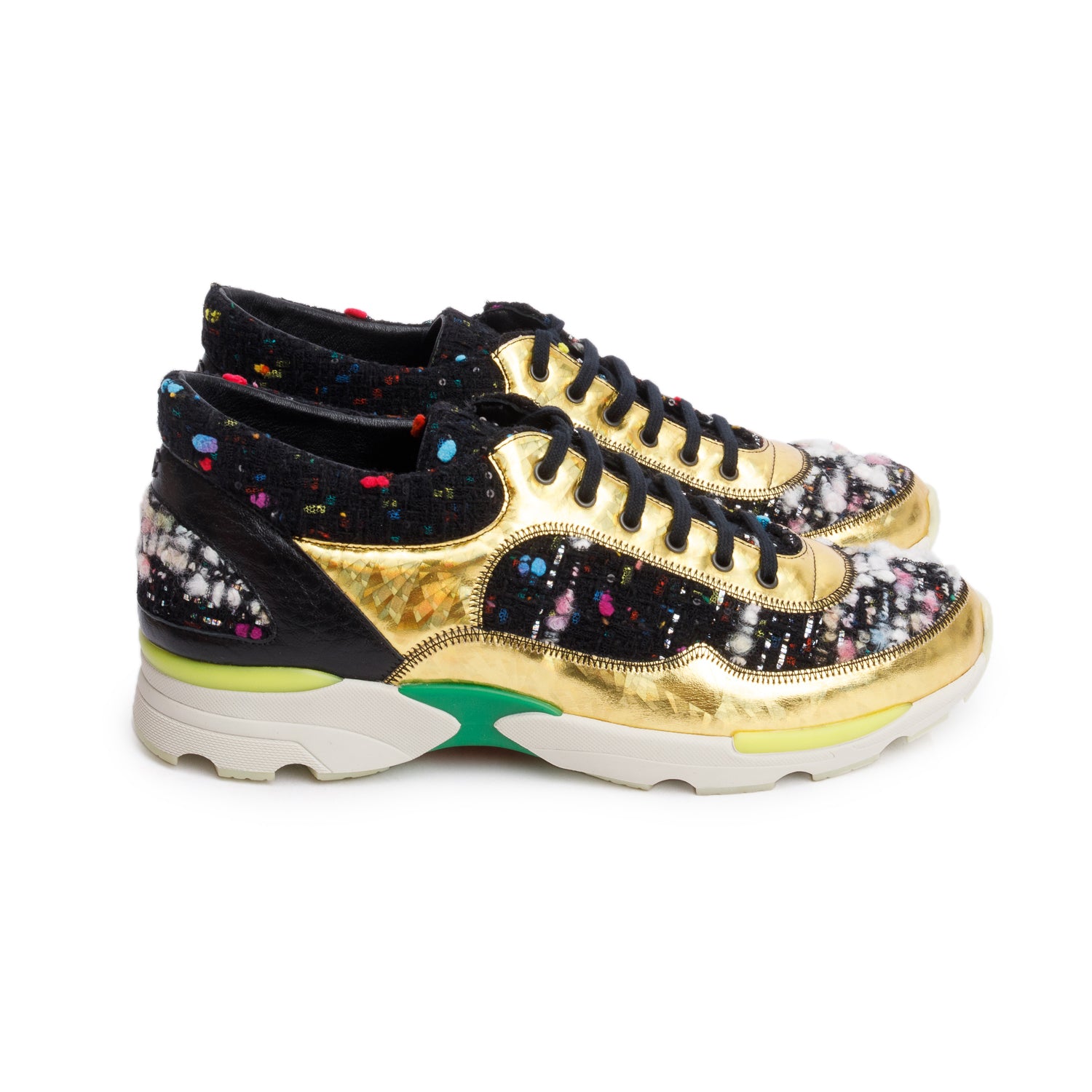 Chanel Gold/Black Trim Tweed Interlocking CC Logo Sneakers, Size 39 w/ Box