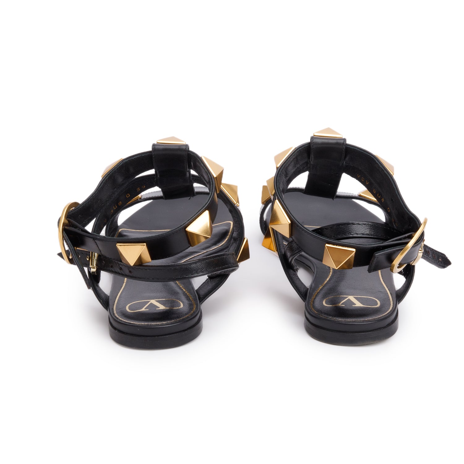 Valentino Black Leather Roman Stud Flat Slingback Sandals, Size 39 w/ Box