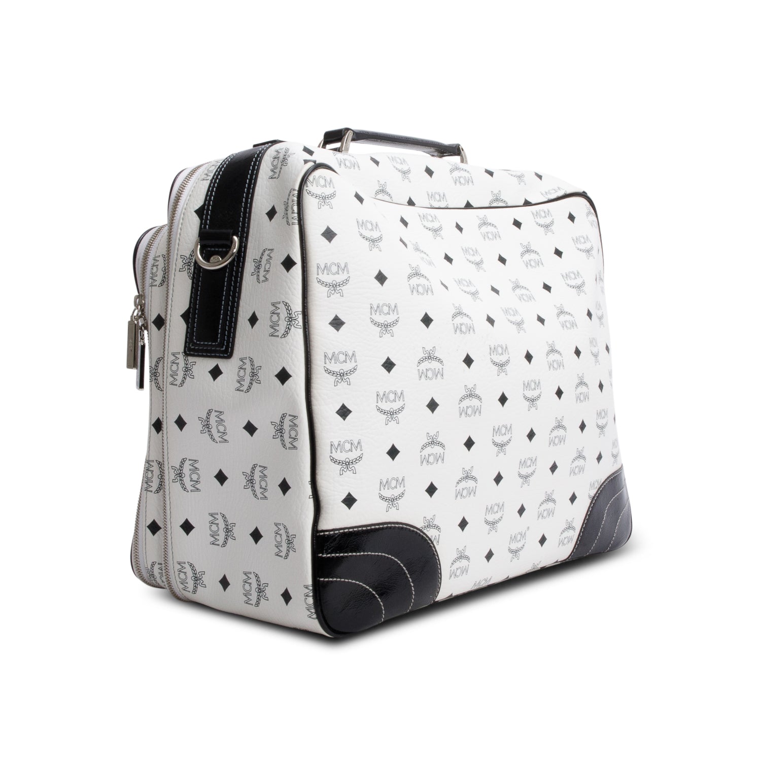 MCM Black/White Canvas Suitcase Work Bag w/ Strap