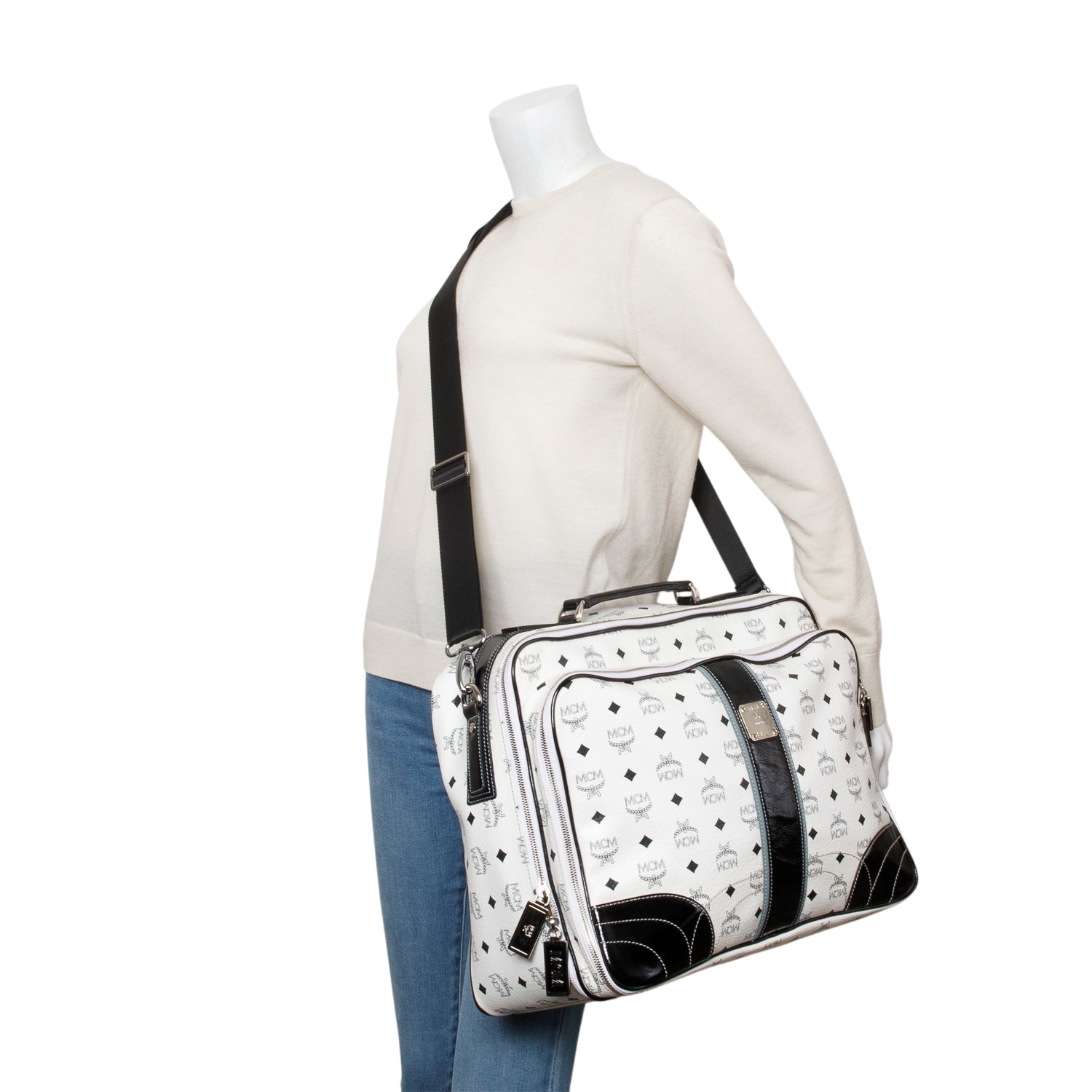 MCM Black/White Canvas Suitcase Work Bag w/ Strap