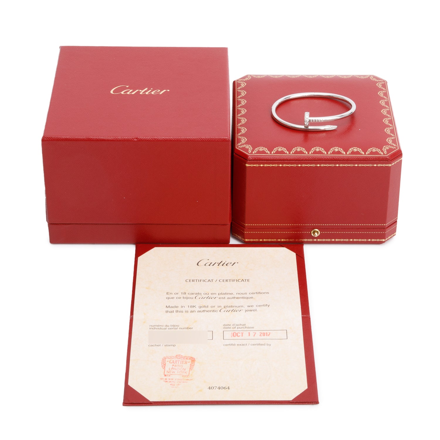Cartier 18k White Gold Juste Un Clou Diamond Bracelet, Classic Model, Size 16 w/ Box & Certificate