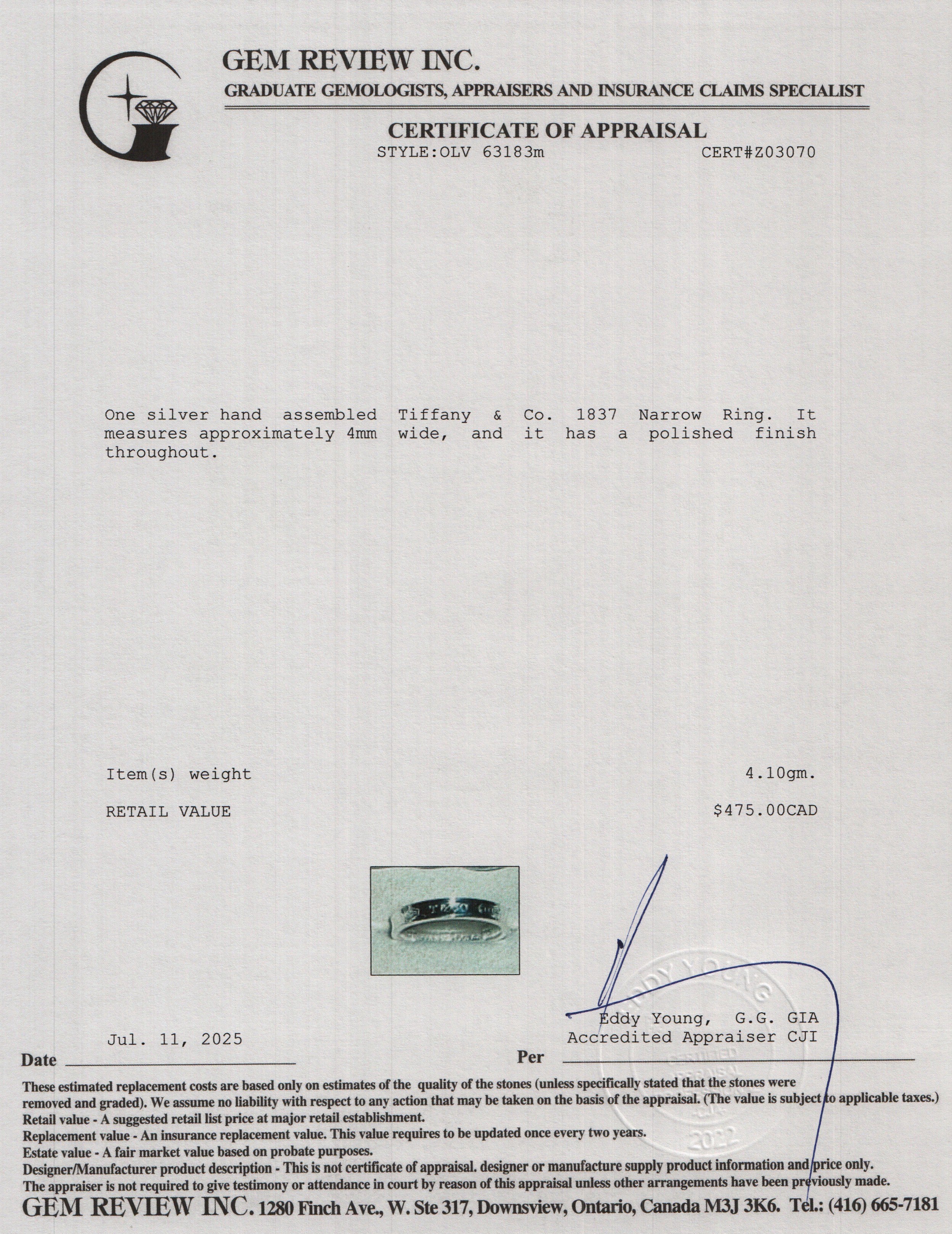 Tiffany & Co. Sterling Silver 1837 Narrow Ring, Size 6.25